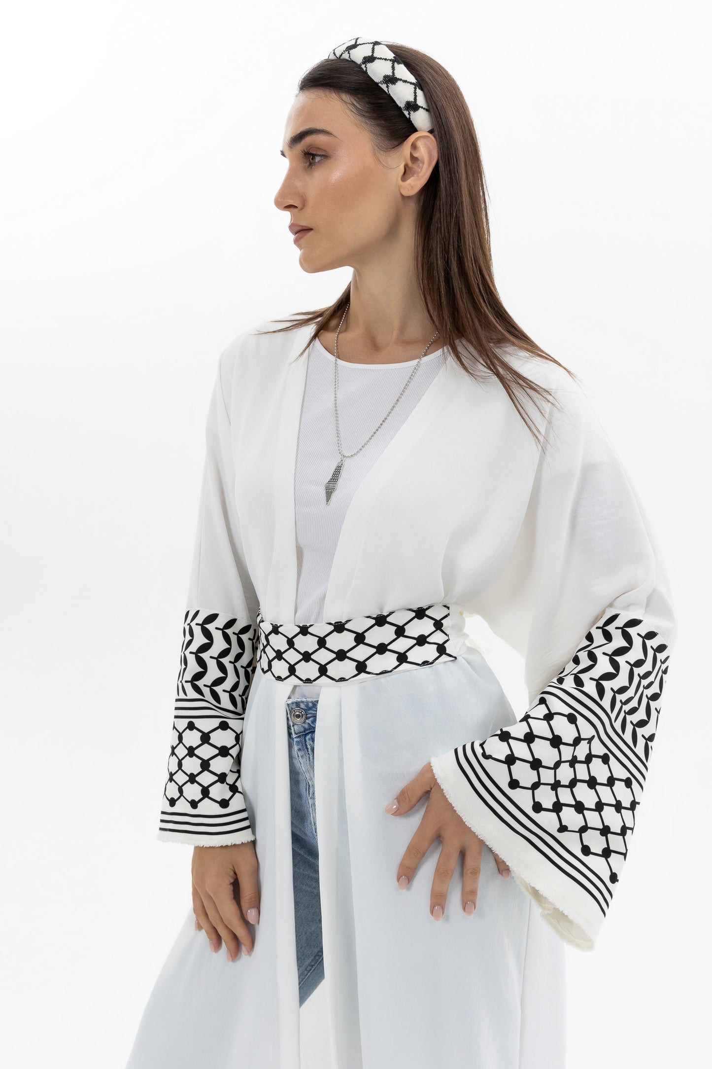 White Abaya with Keffiyeh Sleeves