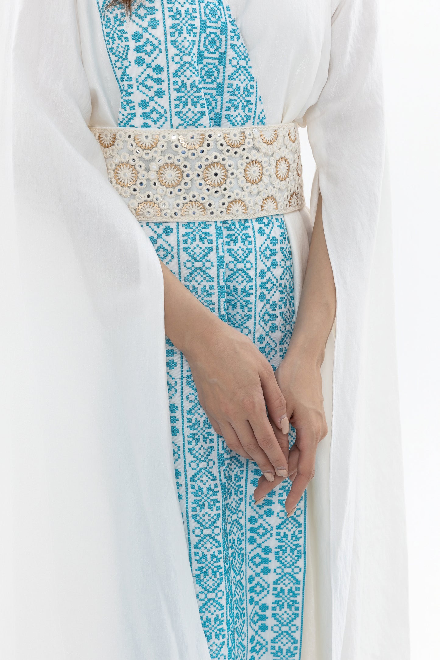 White Abaya with Blue Embroidery Details