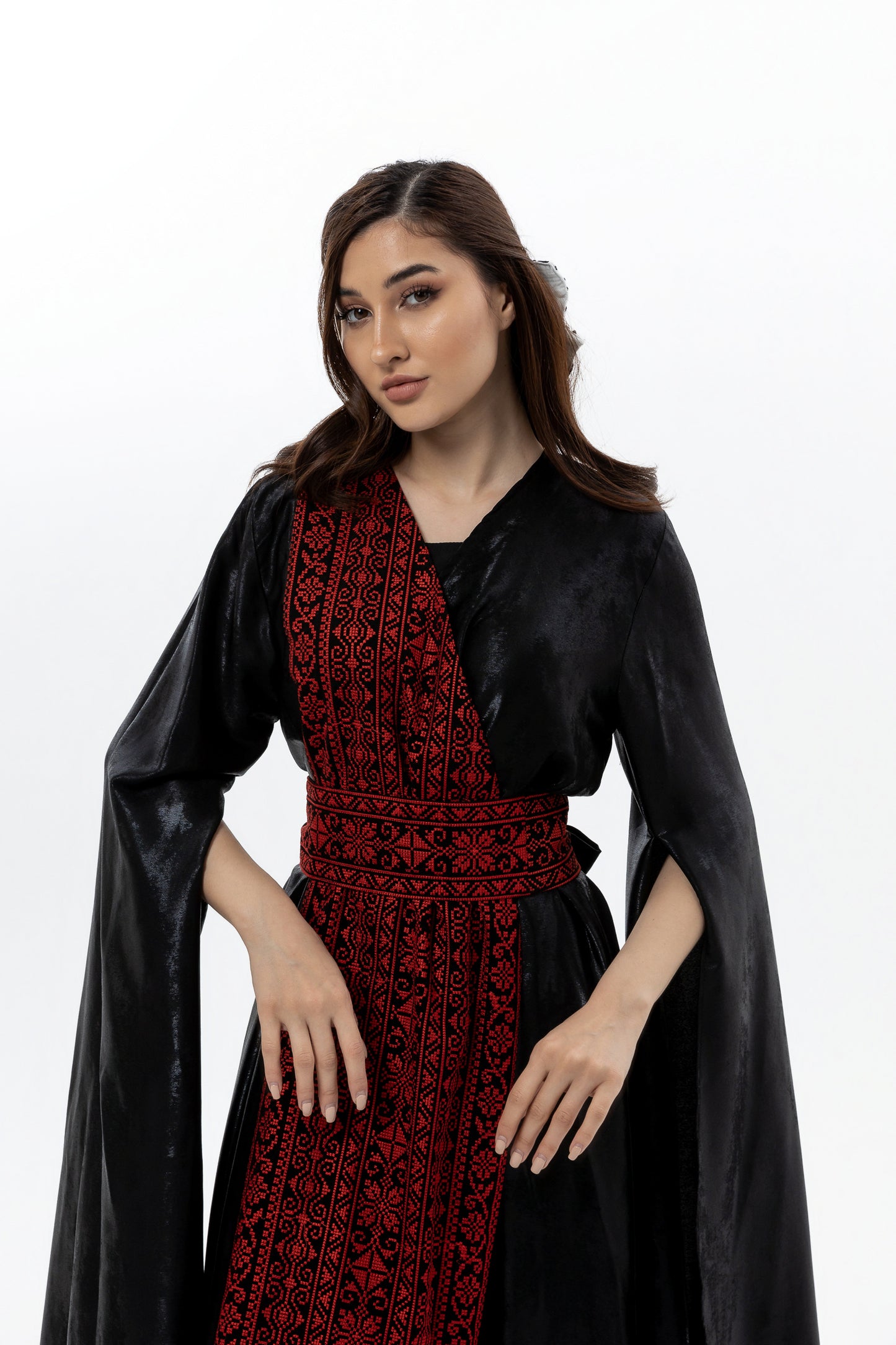 Black Abaya with Red Embroidery Details