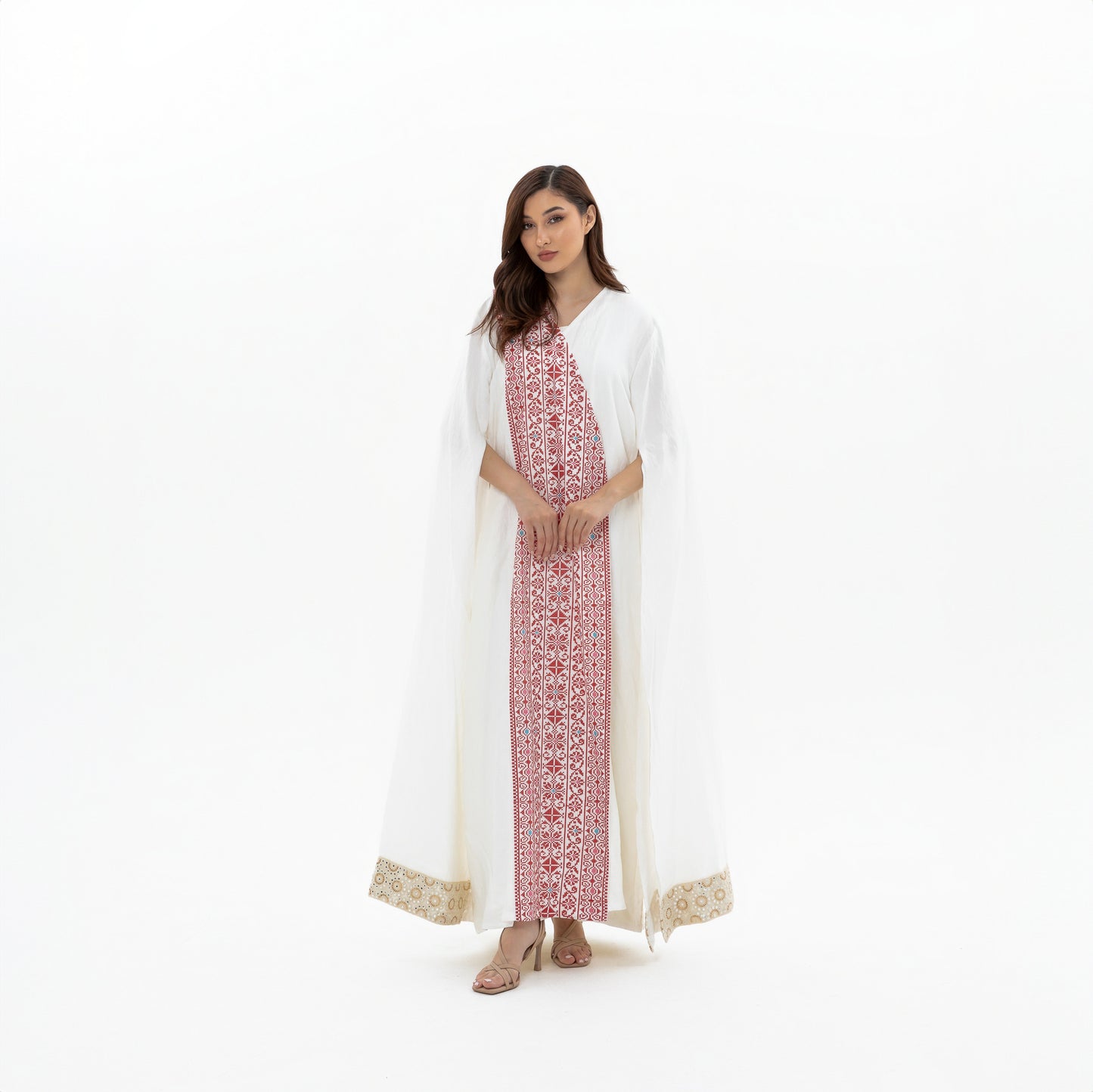 White abaya with Red Embroidery Details