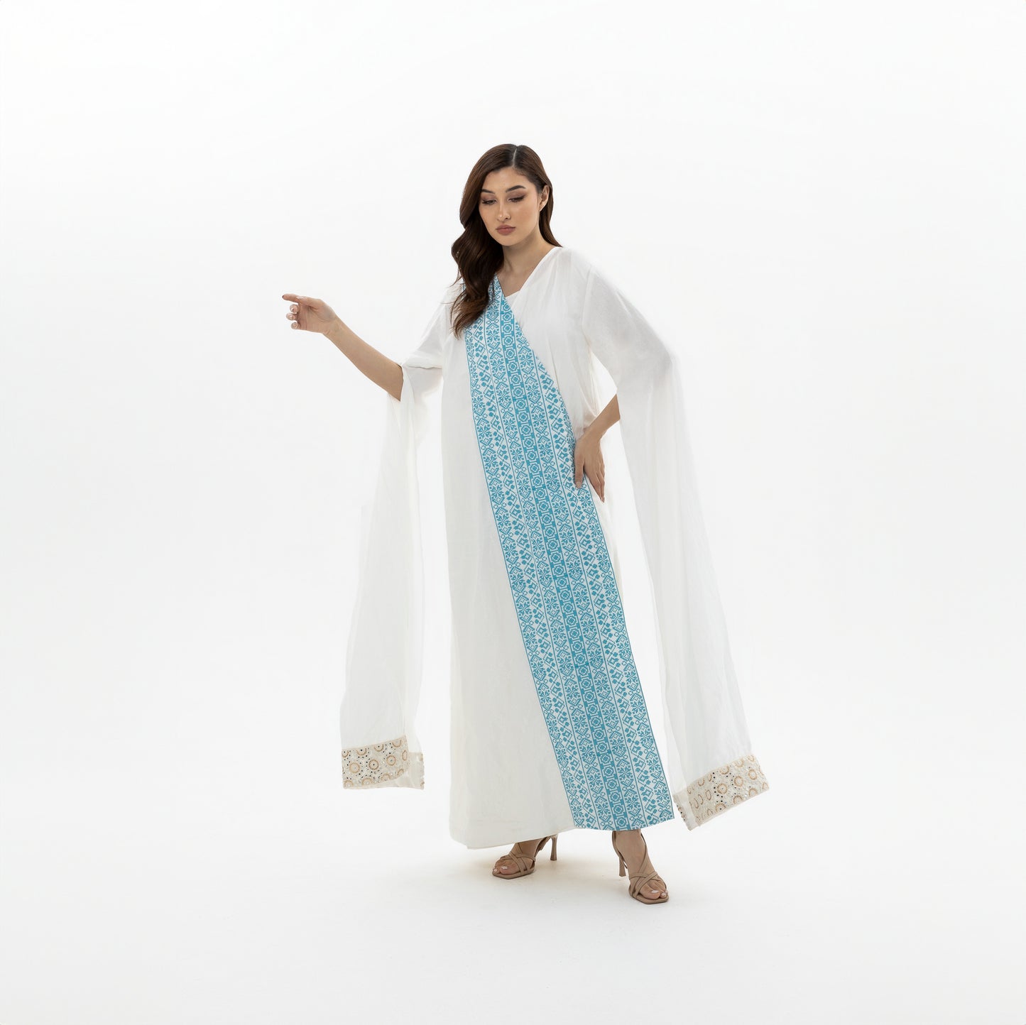 White Abaya with Blue Embroidery Details