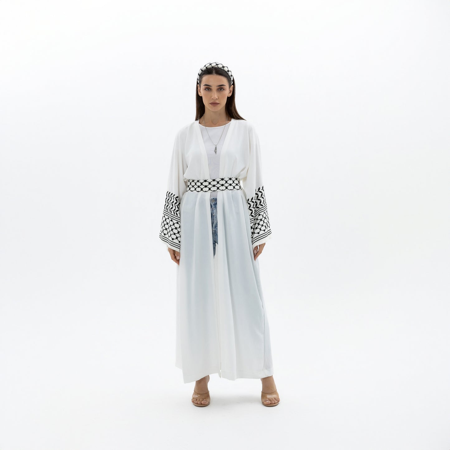 White Abaya with Keffiyeh Sleeves