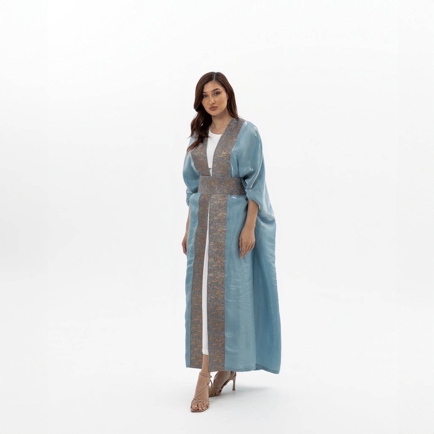 Blue-Gray Abaya with Embroidered Belt