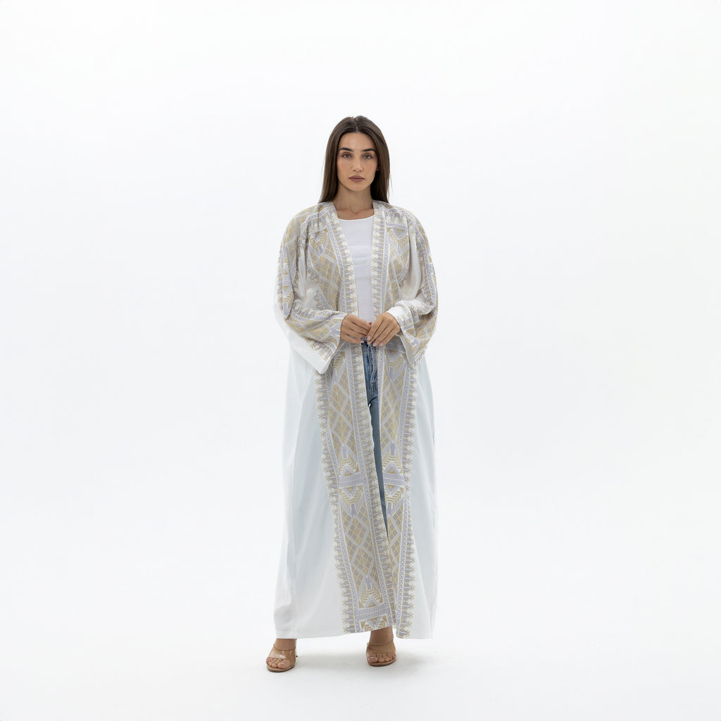 White Abaya with Gold & Silver Tatreez