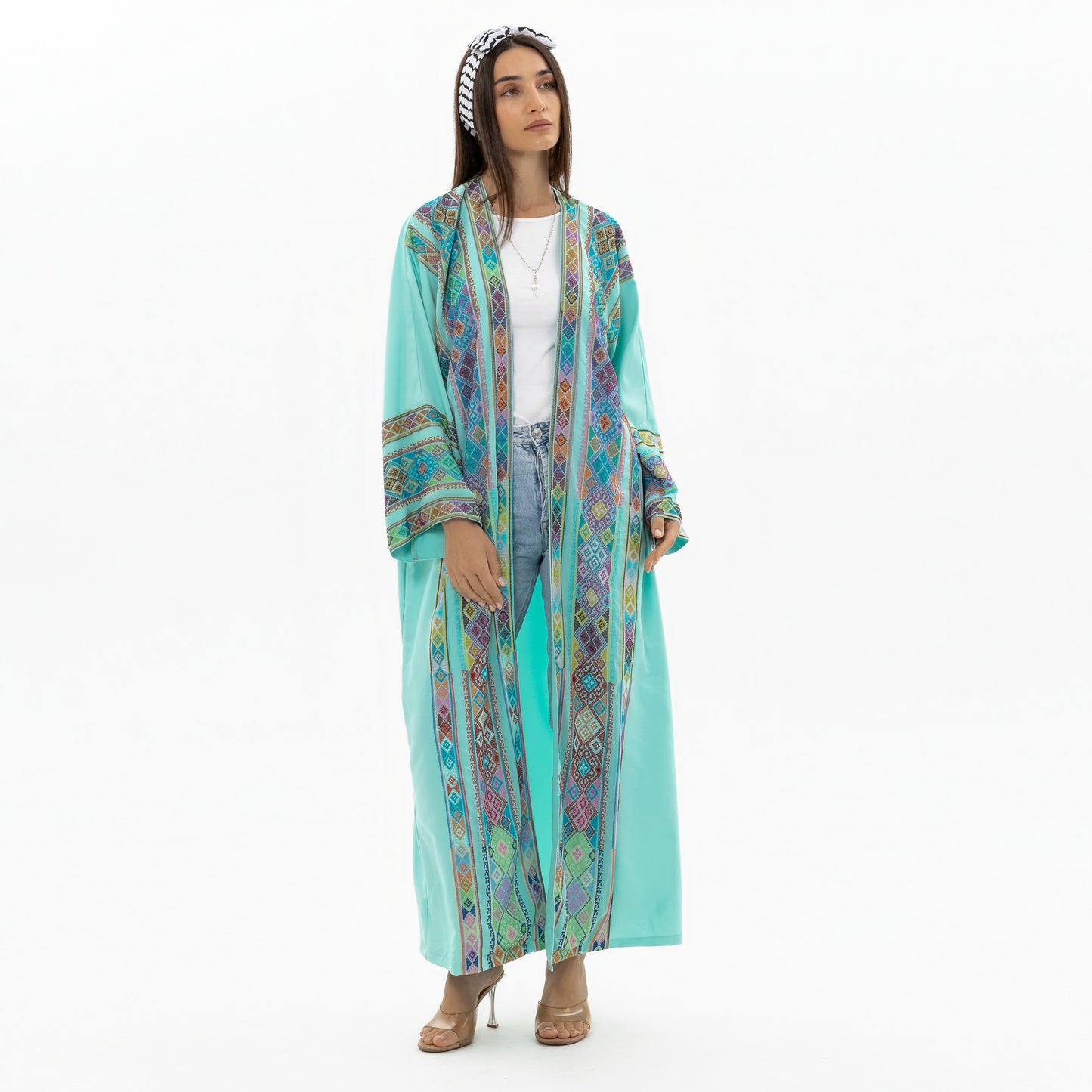 Turquoise open abaya with Tatreez Details