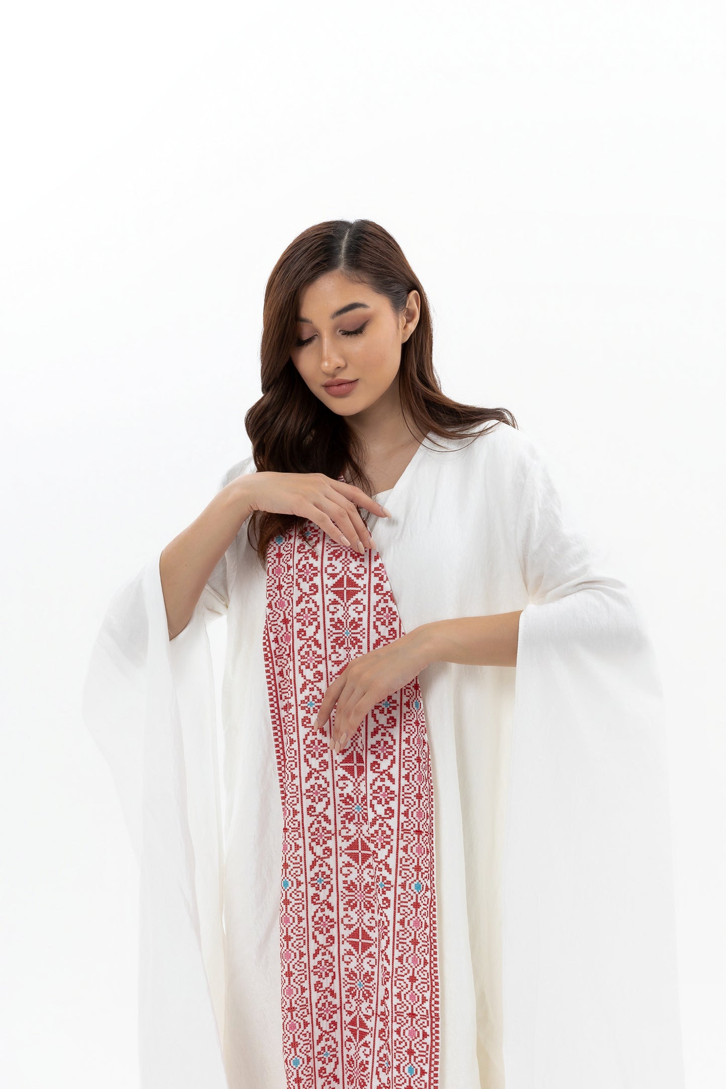 White abaya with Red Embroidery Details