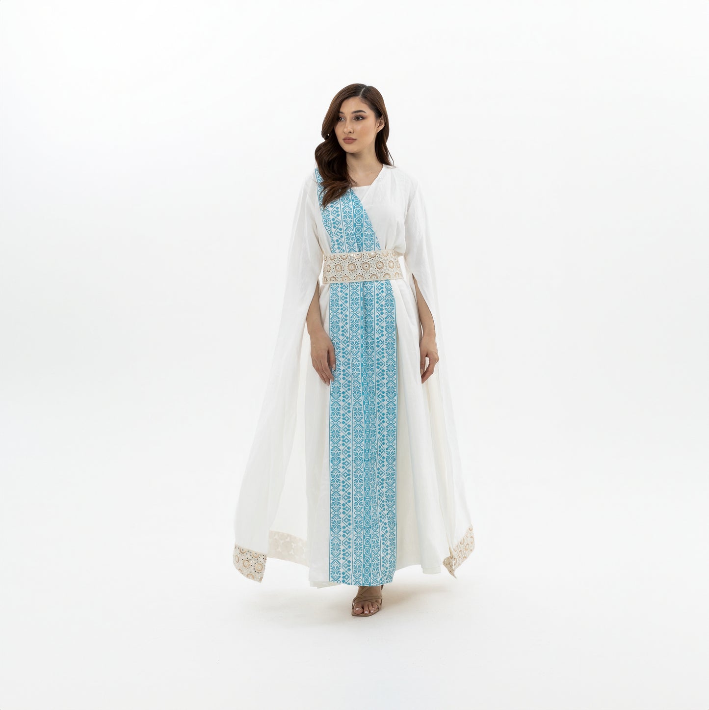 White Abaya with Blue Embroidery Details