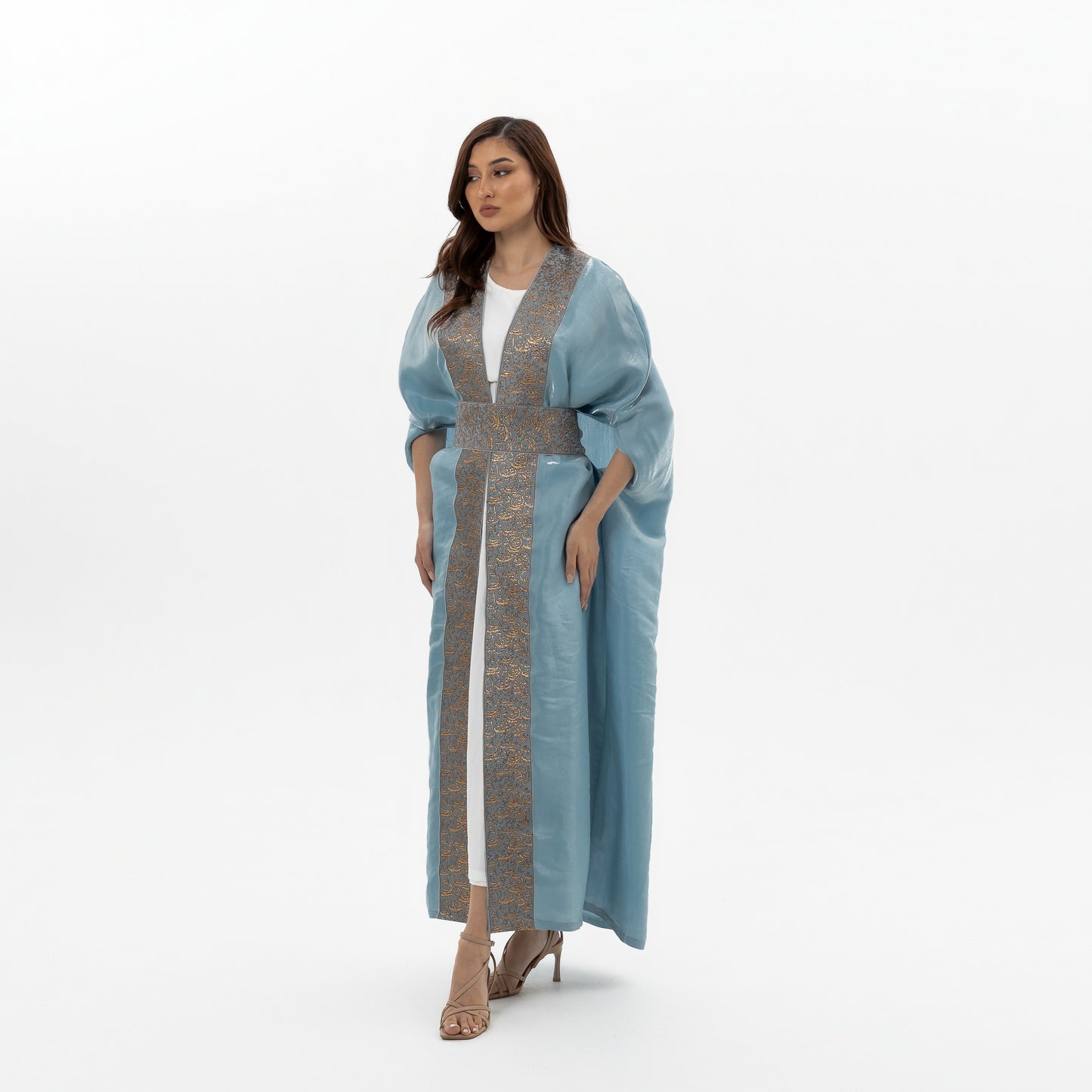 Blue-Gray Abaya with Embroidered Belt