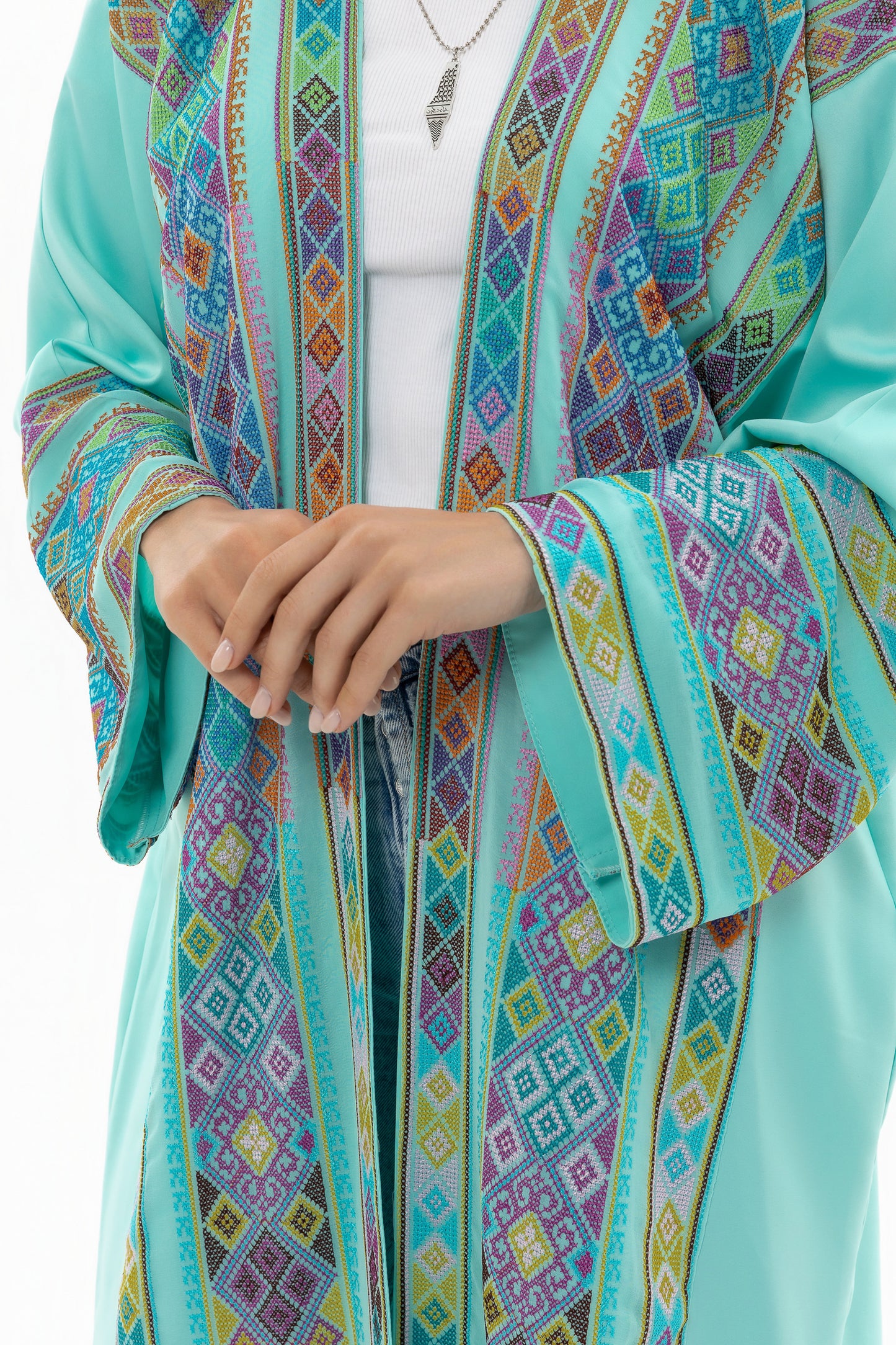 Turquoise open abaya with Tatreez Details