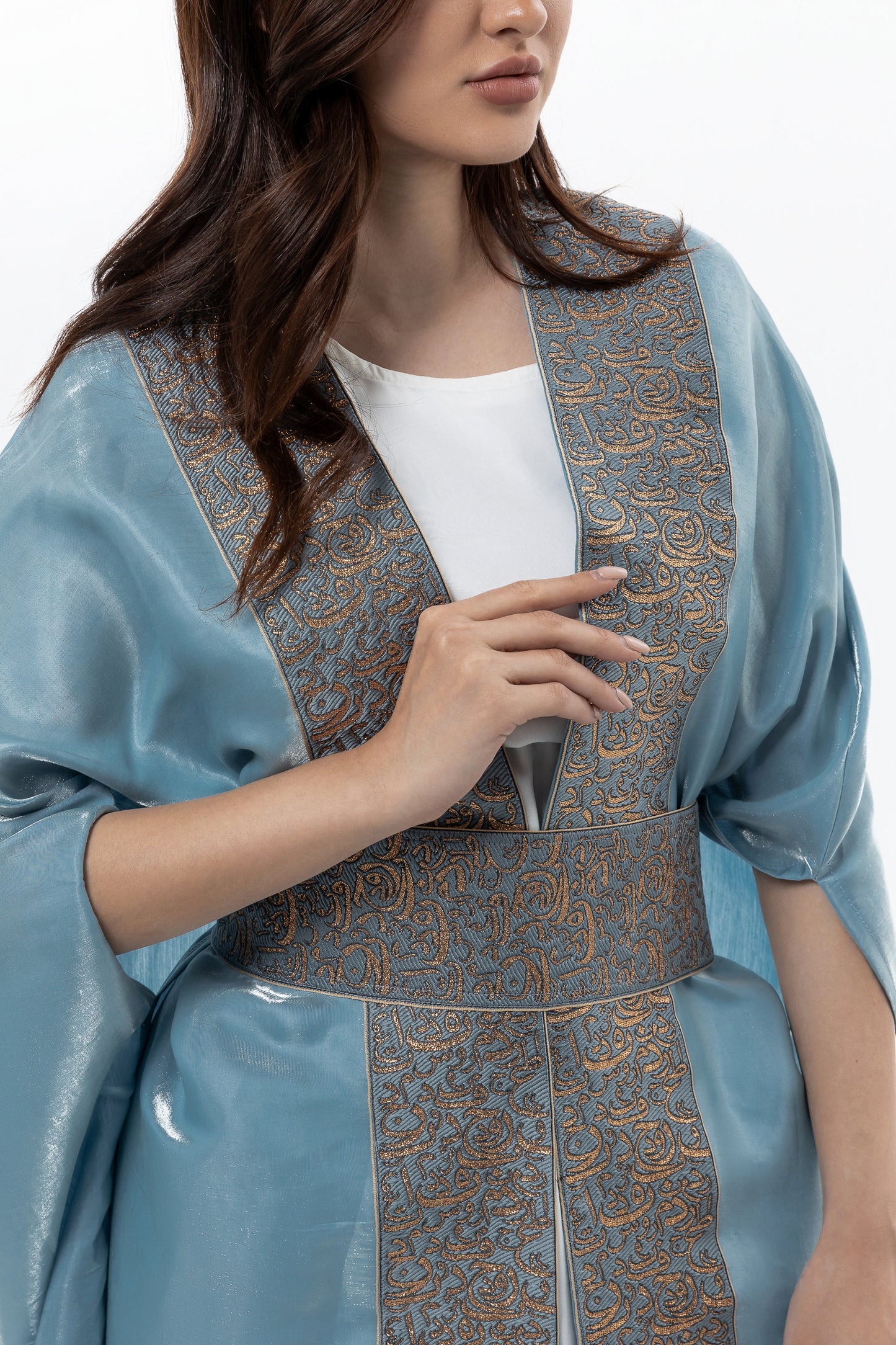 Blue-Gray Abaya with Embroidered Belt