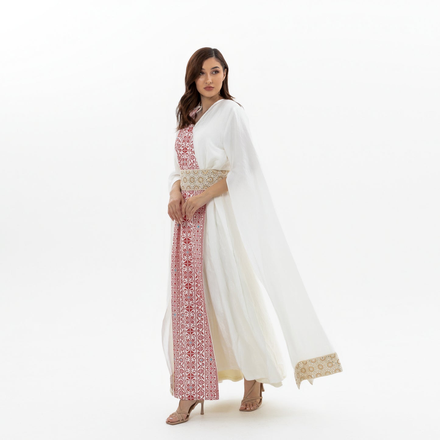 White abaya with Red Embroidery Details