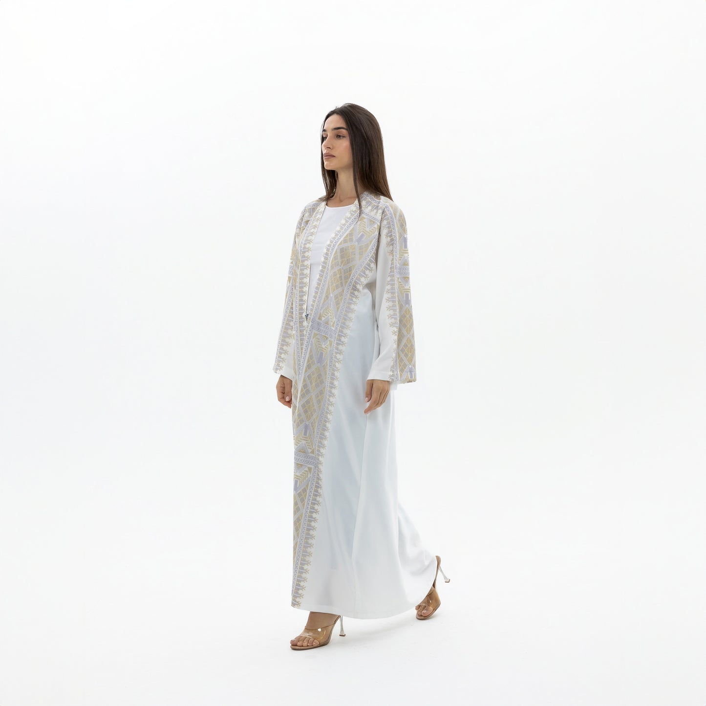 White Abaya with Gold & Silver Tatreez