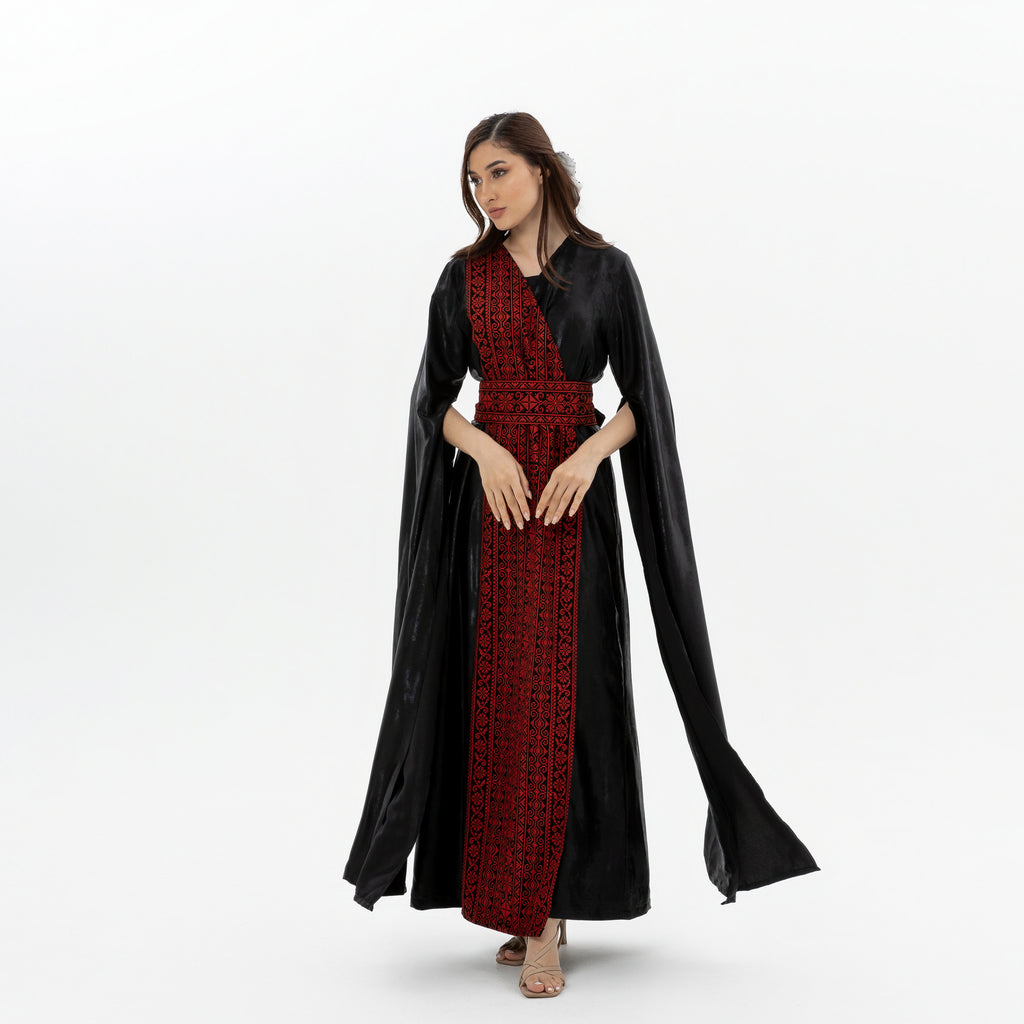 Black Abaya with Red Embroidery Details