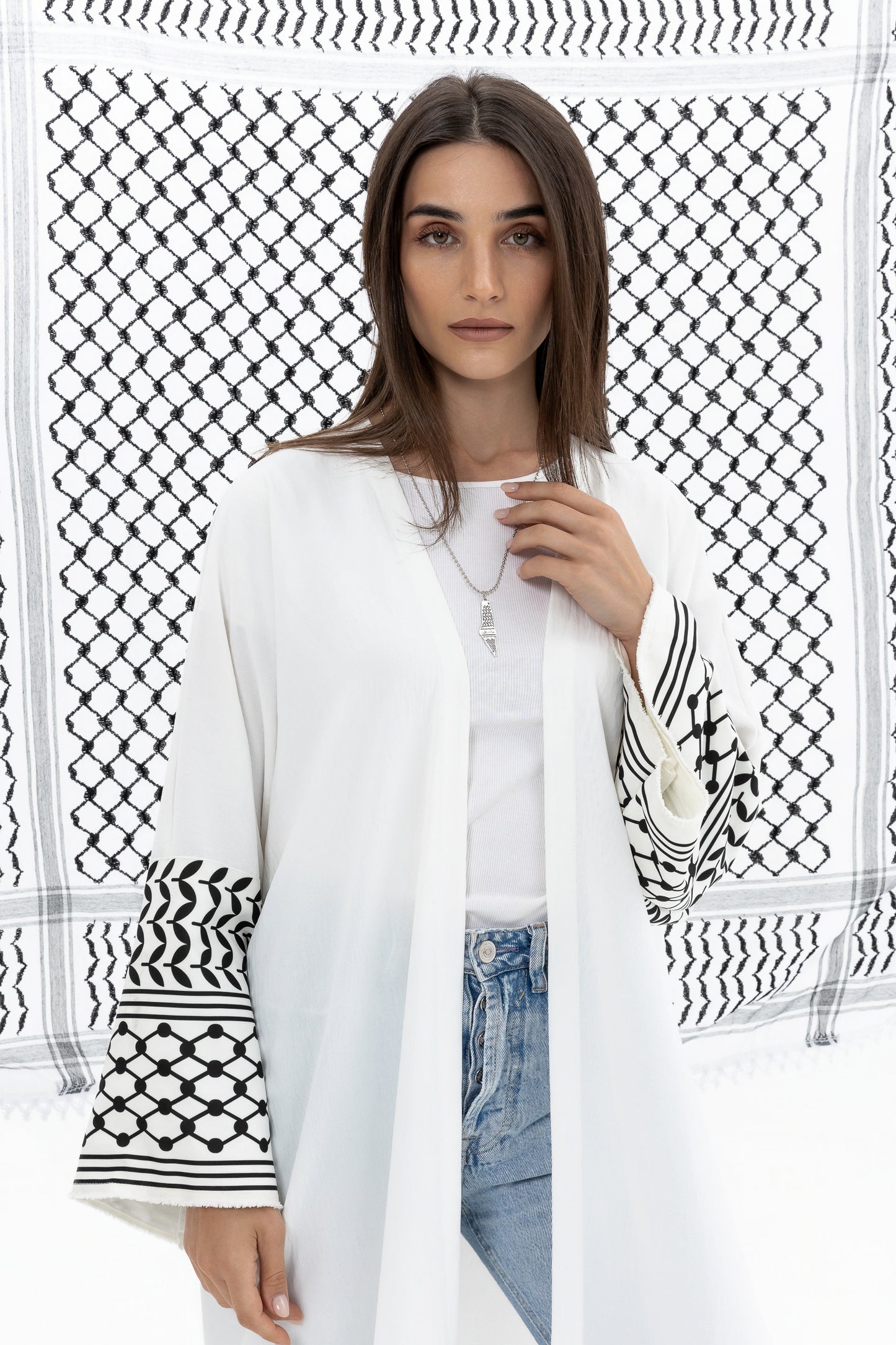 White Abaya with Keffiyeh Sleeves