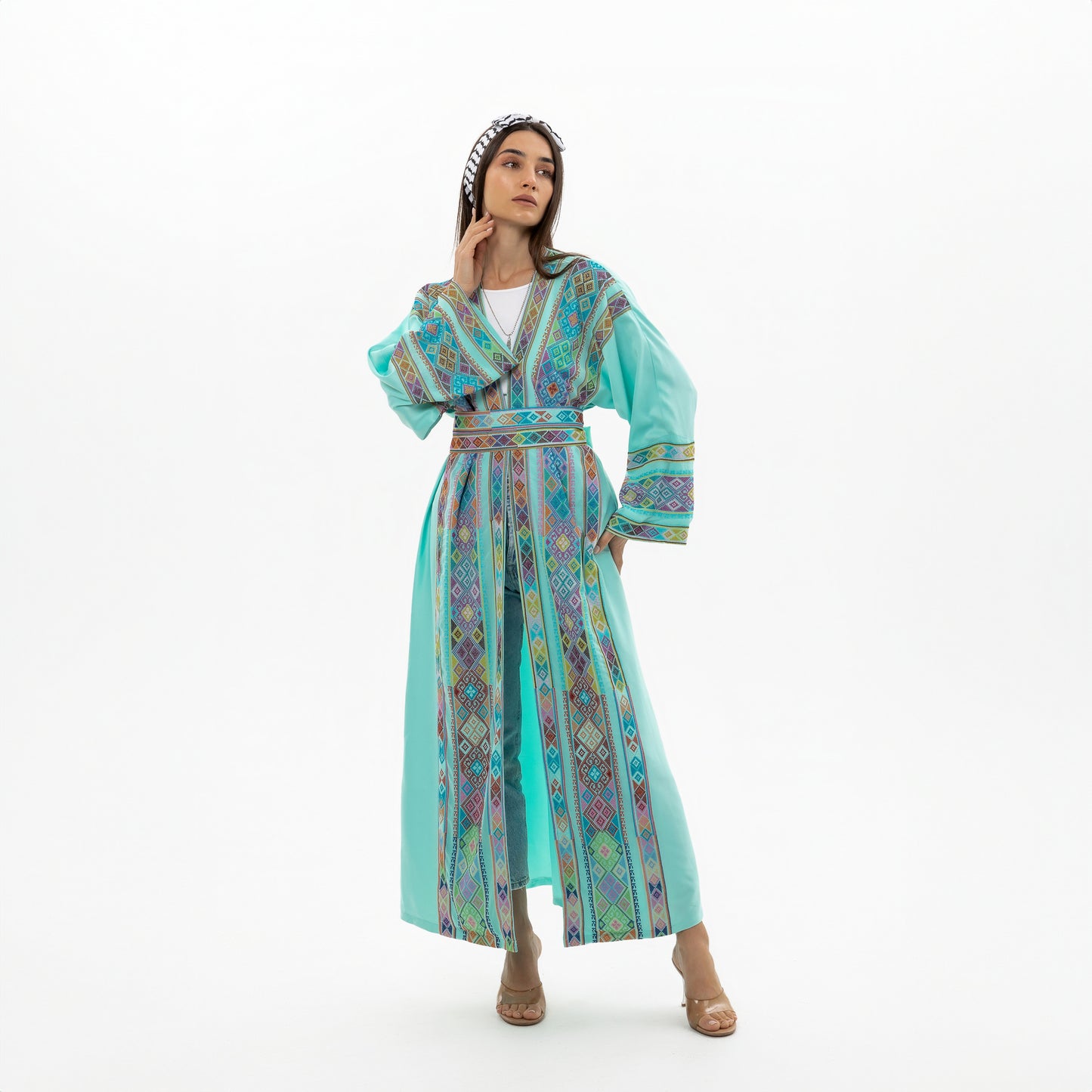 Turquoise open abaya with Tatreez Details