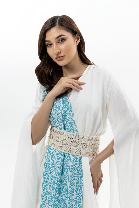 White Abaya with Blue Embroidery Details