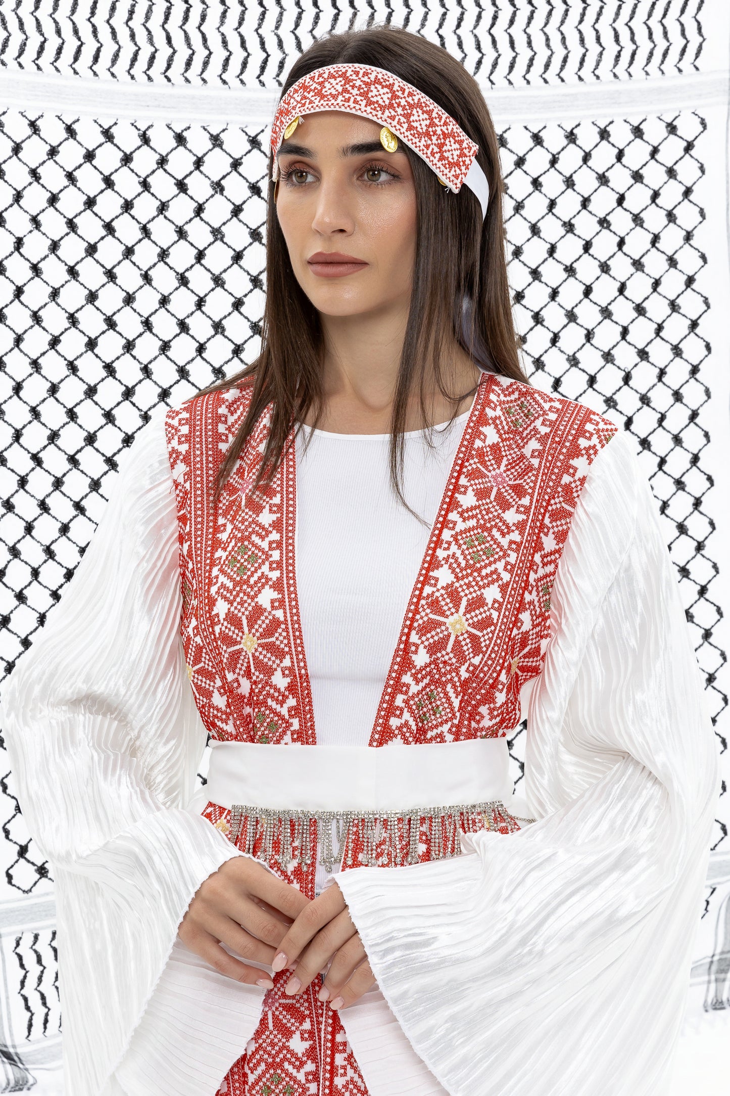 White Abaya with Red Tatreez & Pleated Sleeves