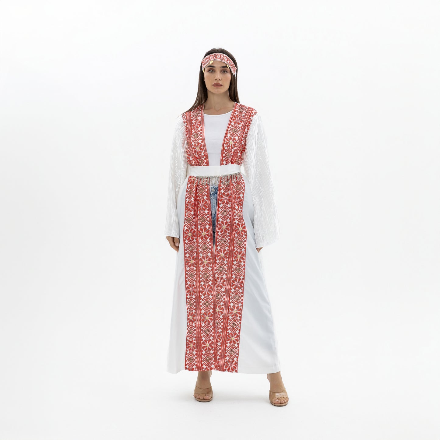 White Abaya with Red Tatreez & Pleated Sleeves