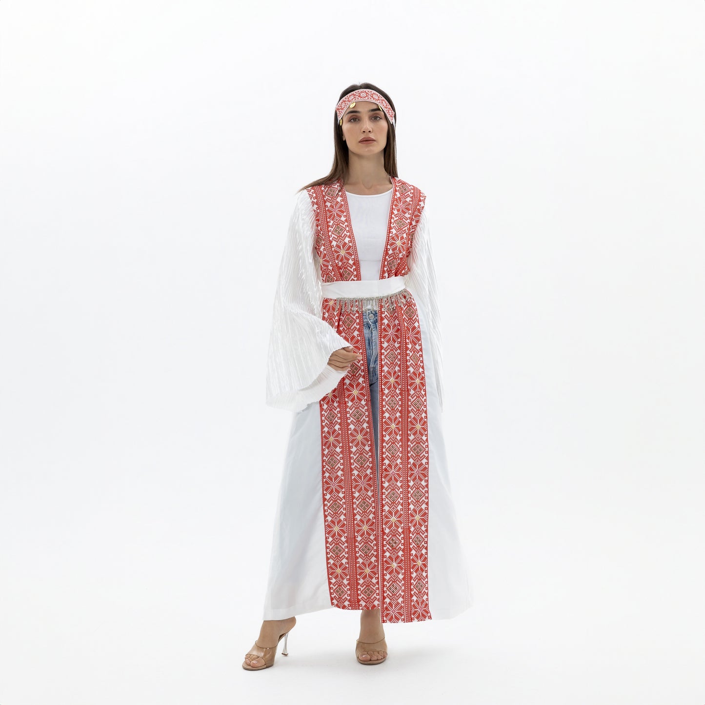 White Abaya with Red Tatreez & Pleated Sleeves