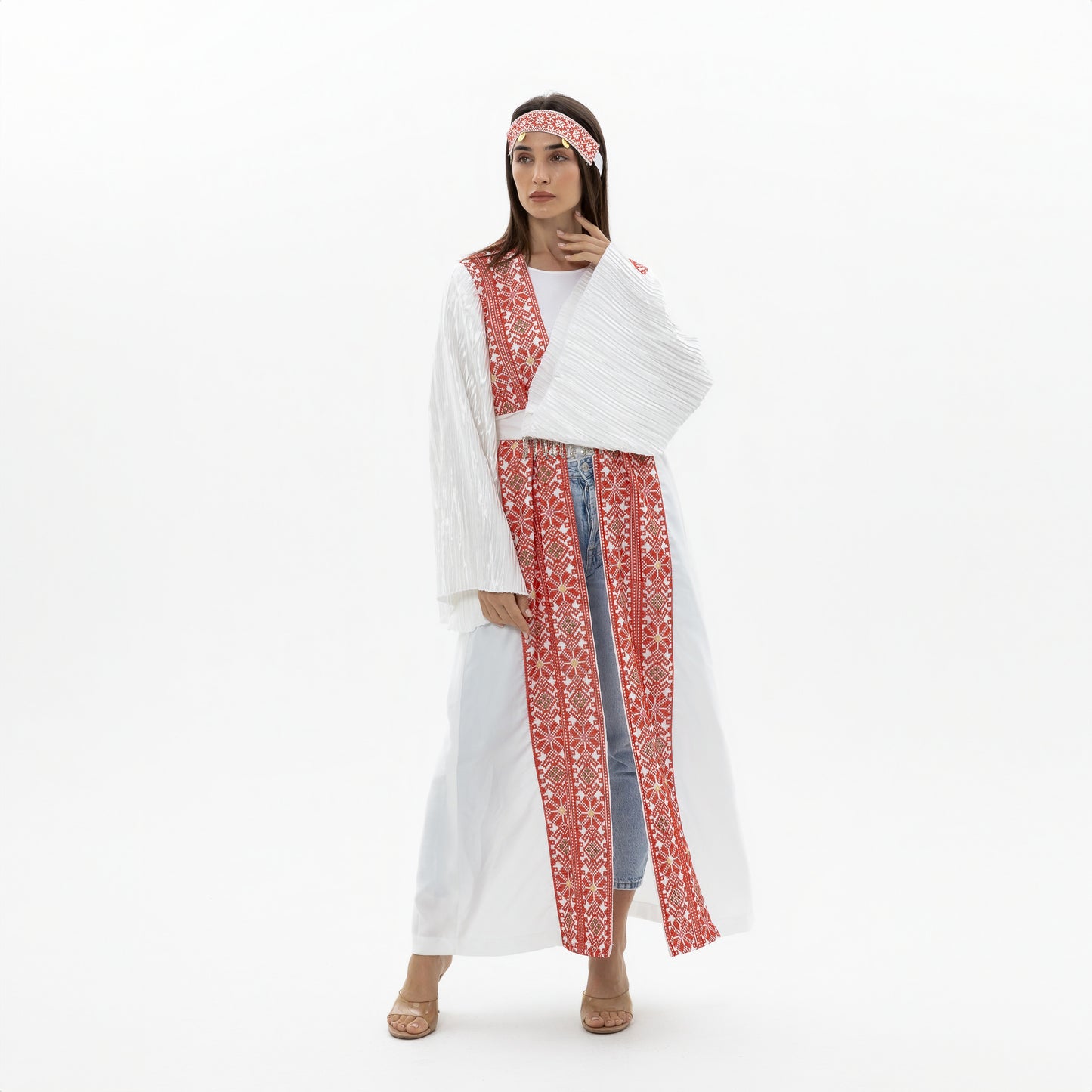 White Abaya with Red Tatreez & Pleated Sleeves