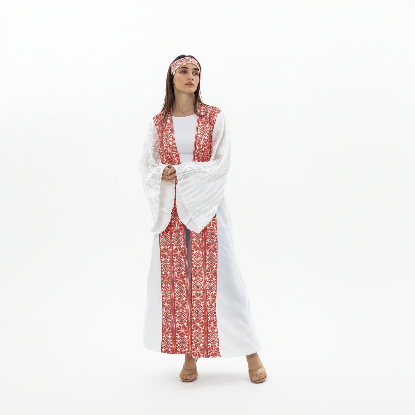 White Abaya with Red Tatreez & Pleated Sleeves