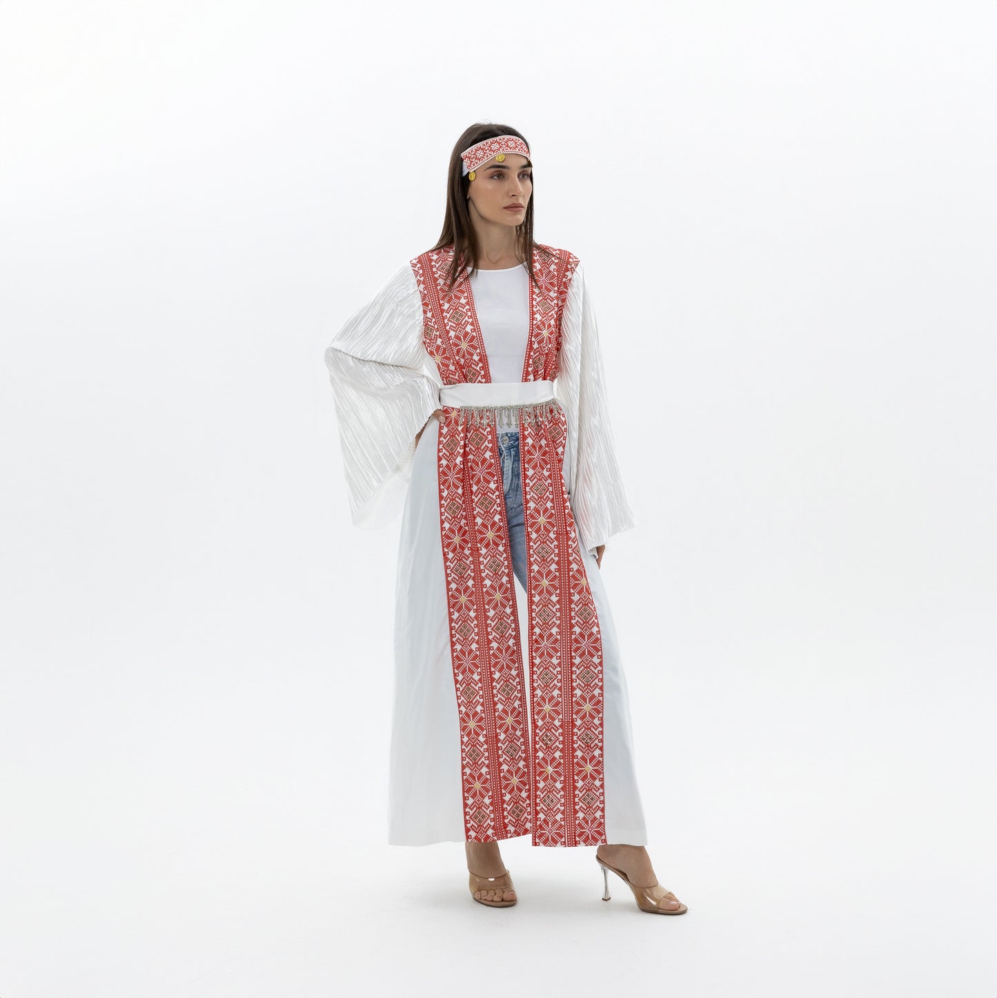 White Abaya with Red Tatreez & Pleated Sleeves