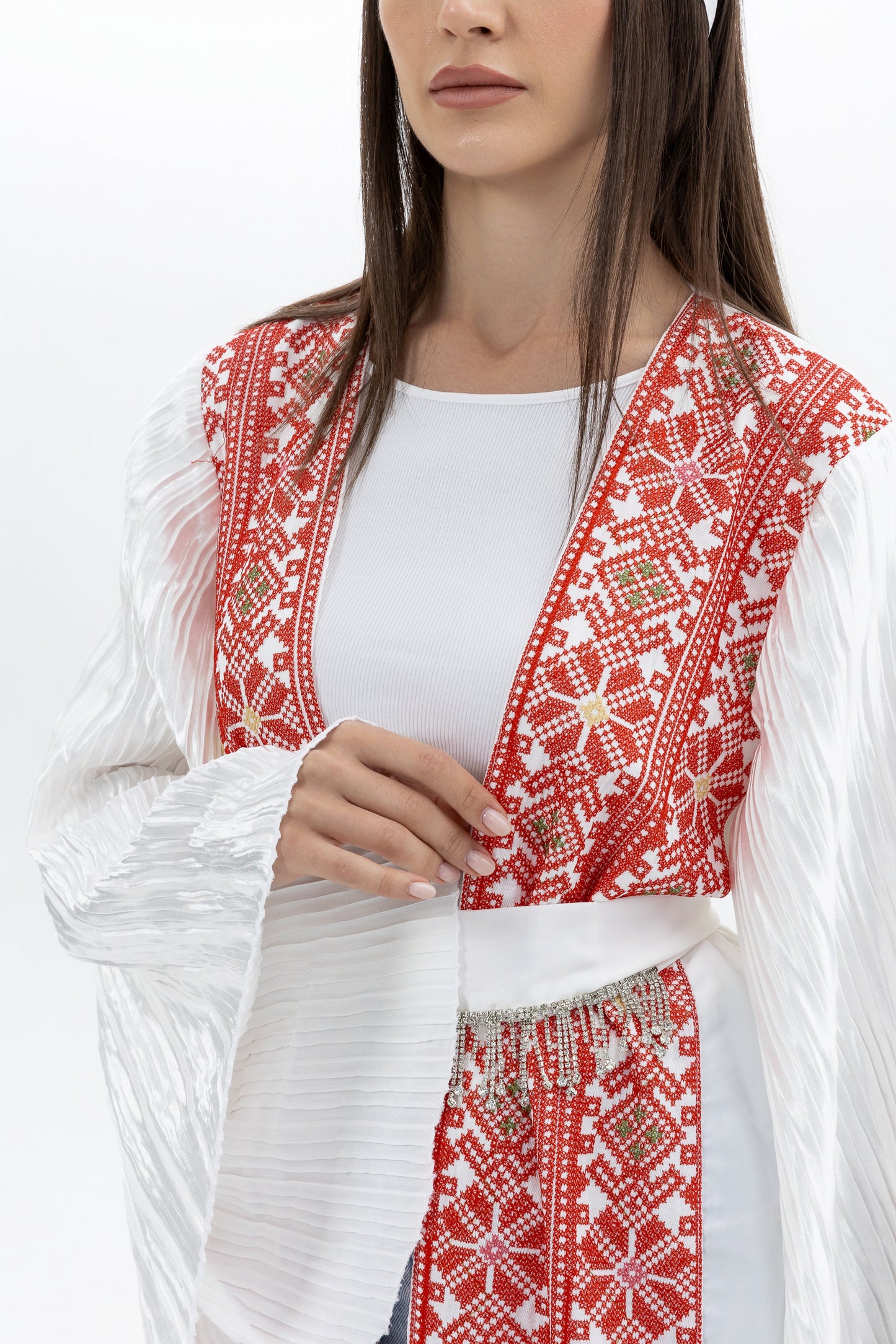 White Abaya with Red Tatreez & Pleated Sleeves