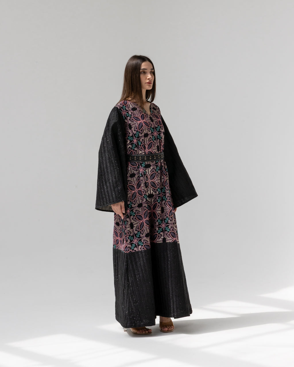 Black Kaftan with Floral Embroidery