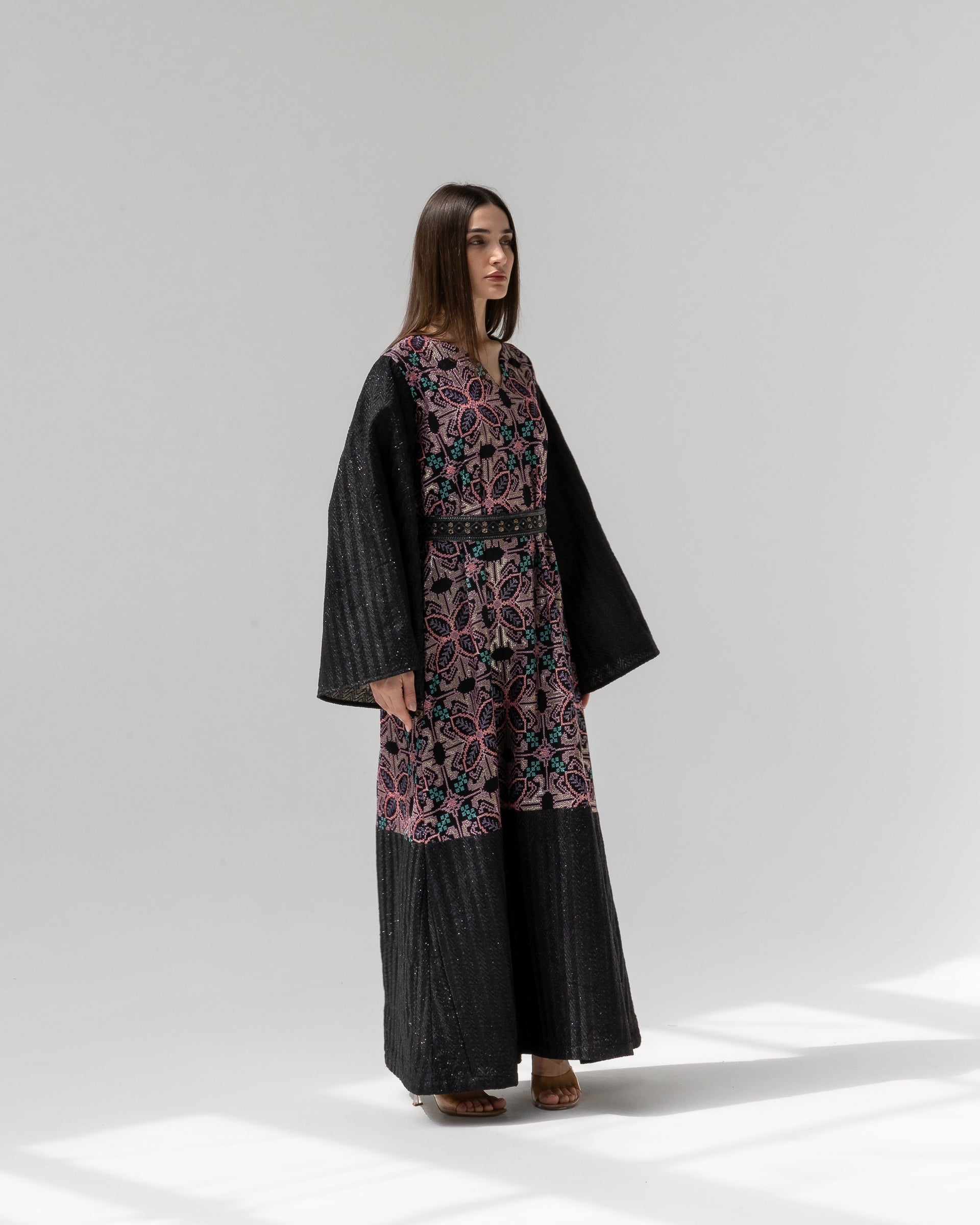 Black Kaftan with Floral Embroidery
