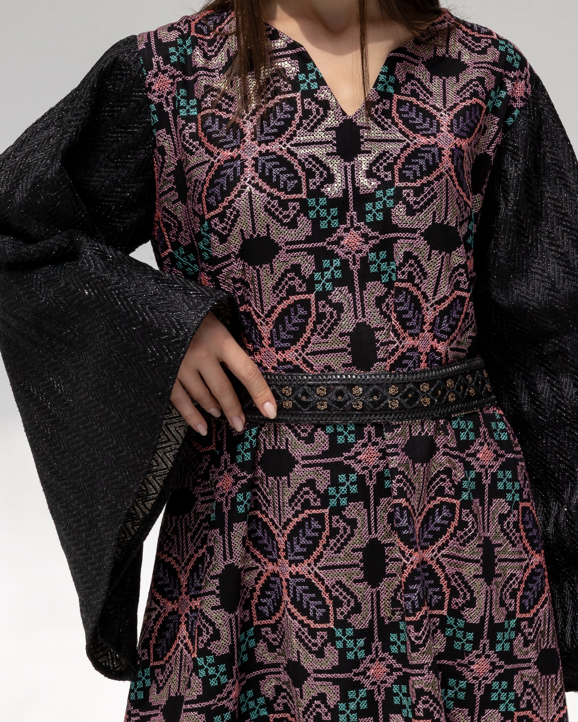 Black Kaftan with Floral Embroidery