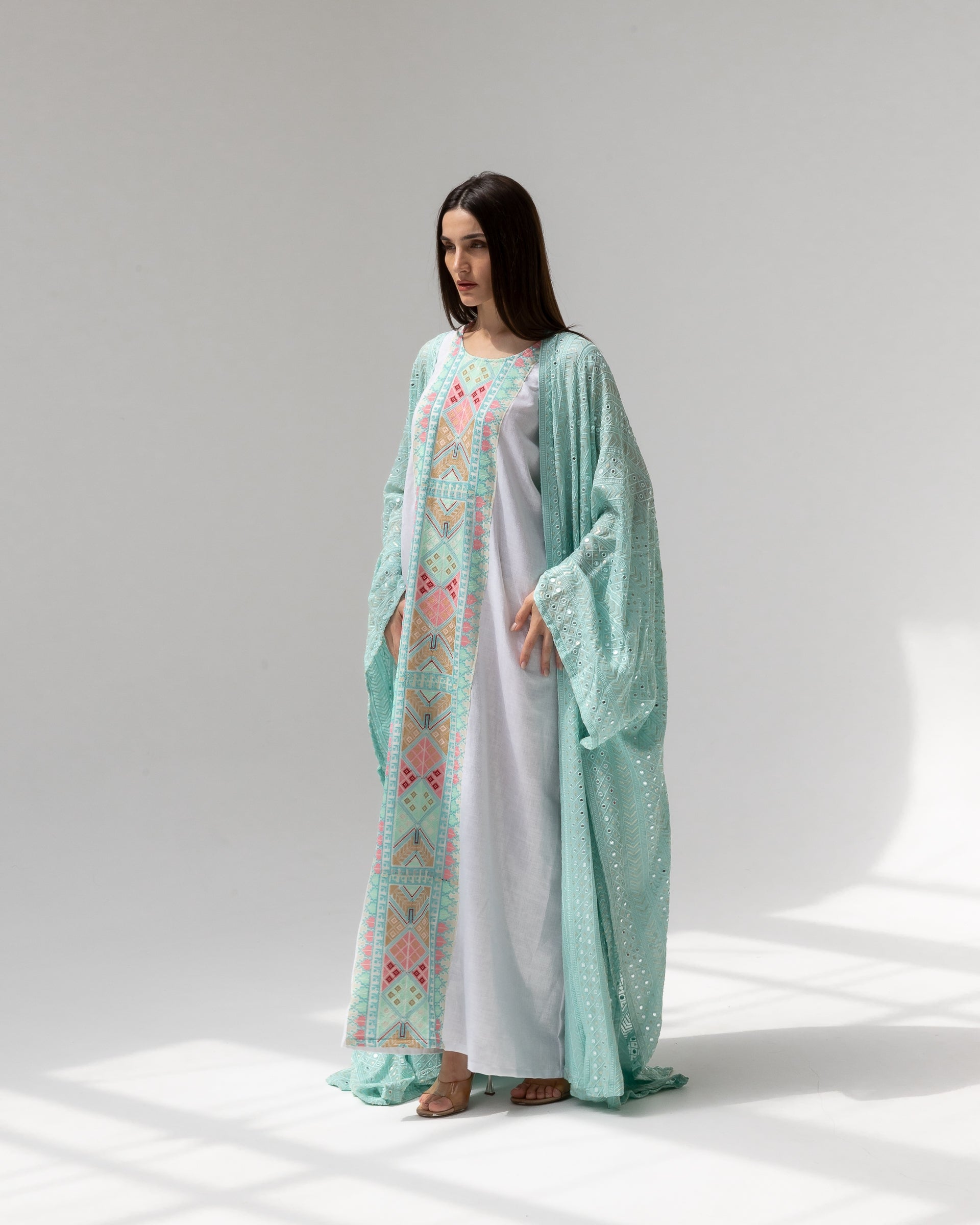 Mint Green Kaftan with Embroidered Dress