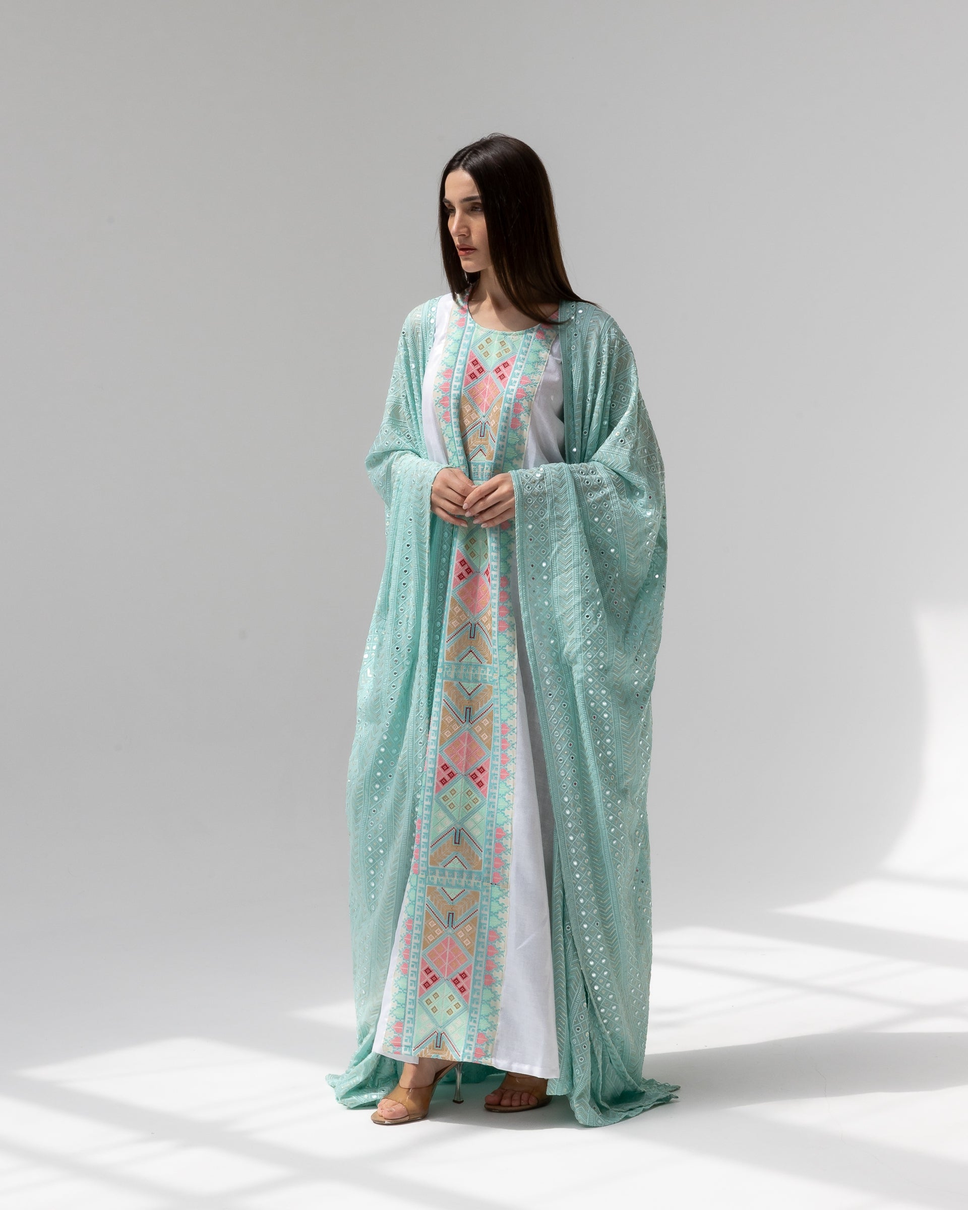Mint Green Kaftan with Embroidered Dress
