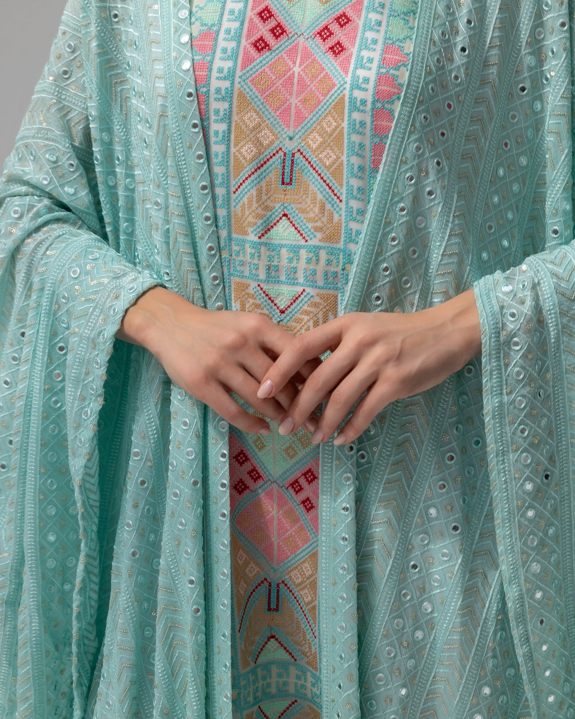 Mint Green Kaftan with Embroidered Dress
