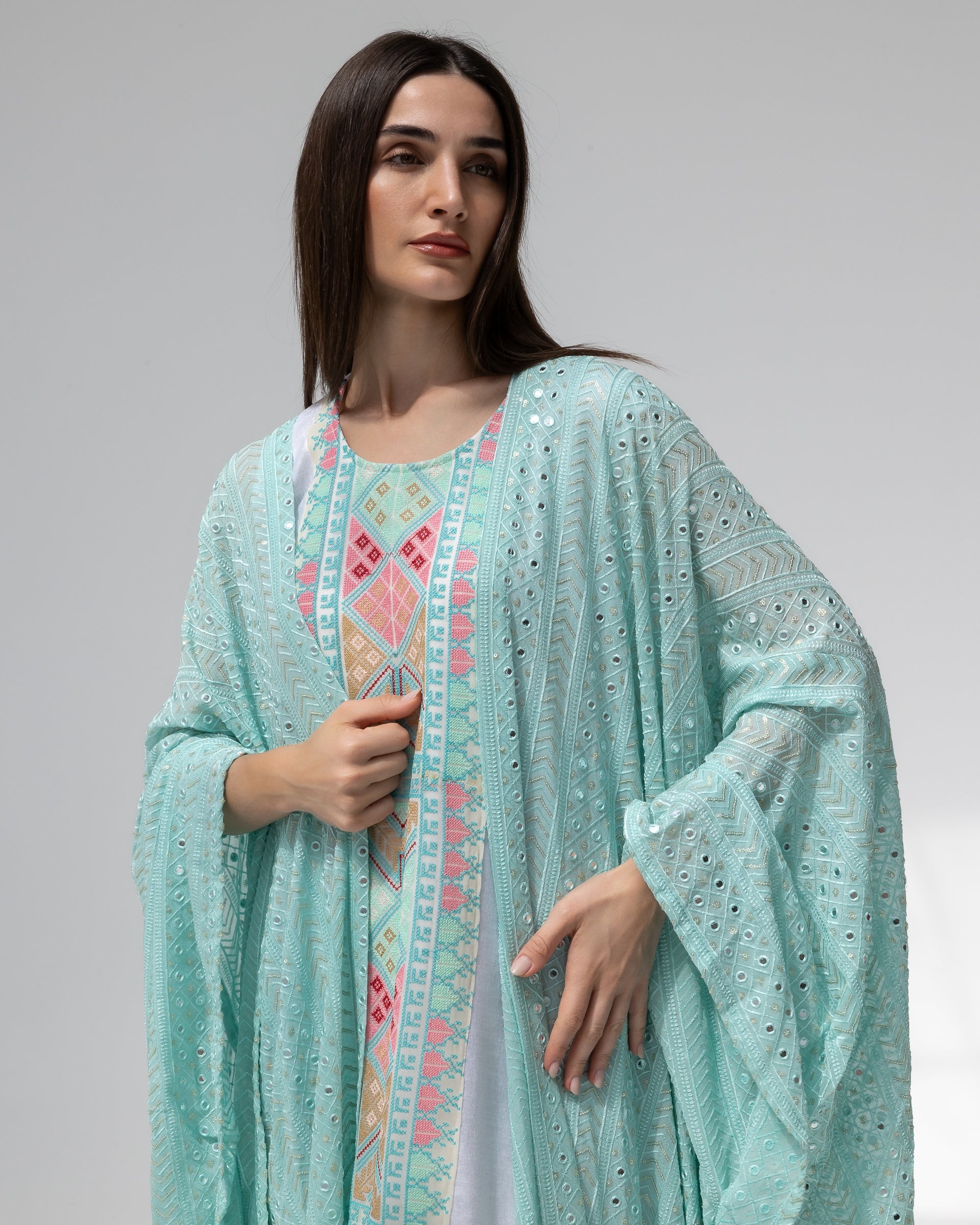 Mint Green Kaftan with Embroidered Dress