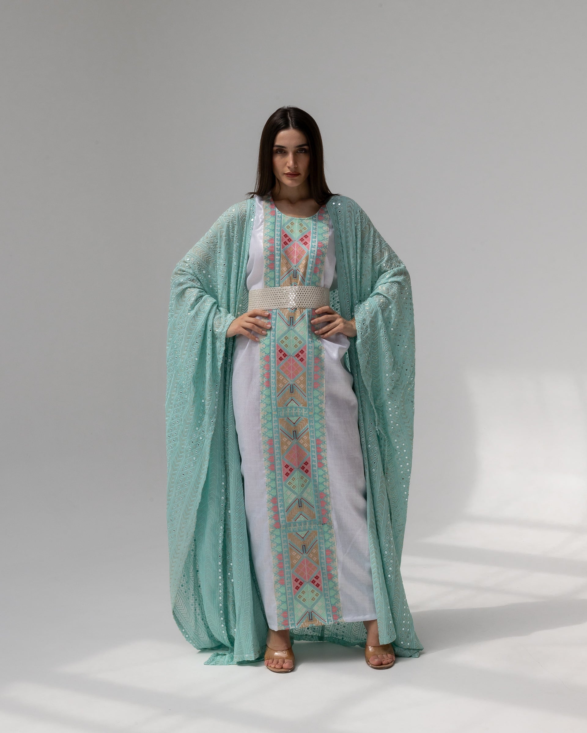Mint Green Kaftan with Embroidered Dress
