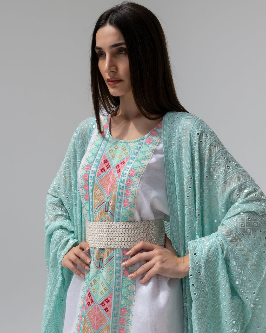 Mint Green Kaftan with Embroidered Dress