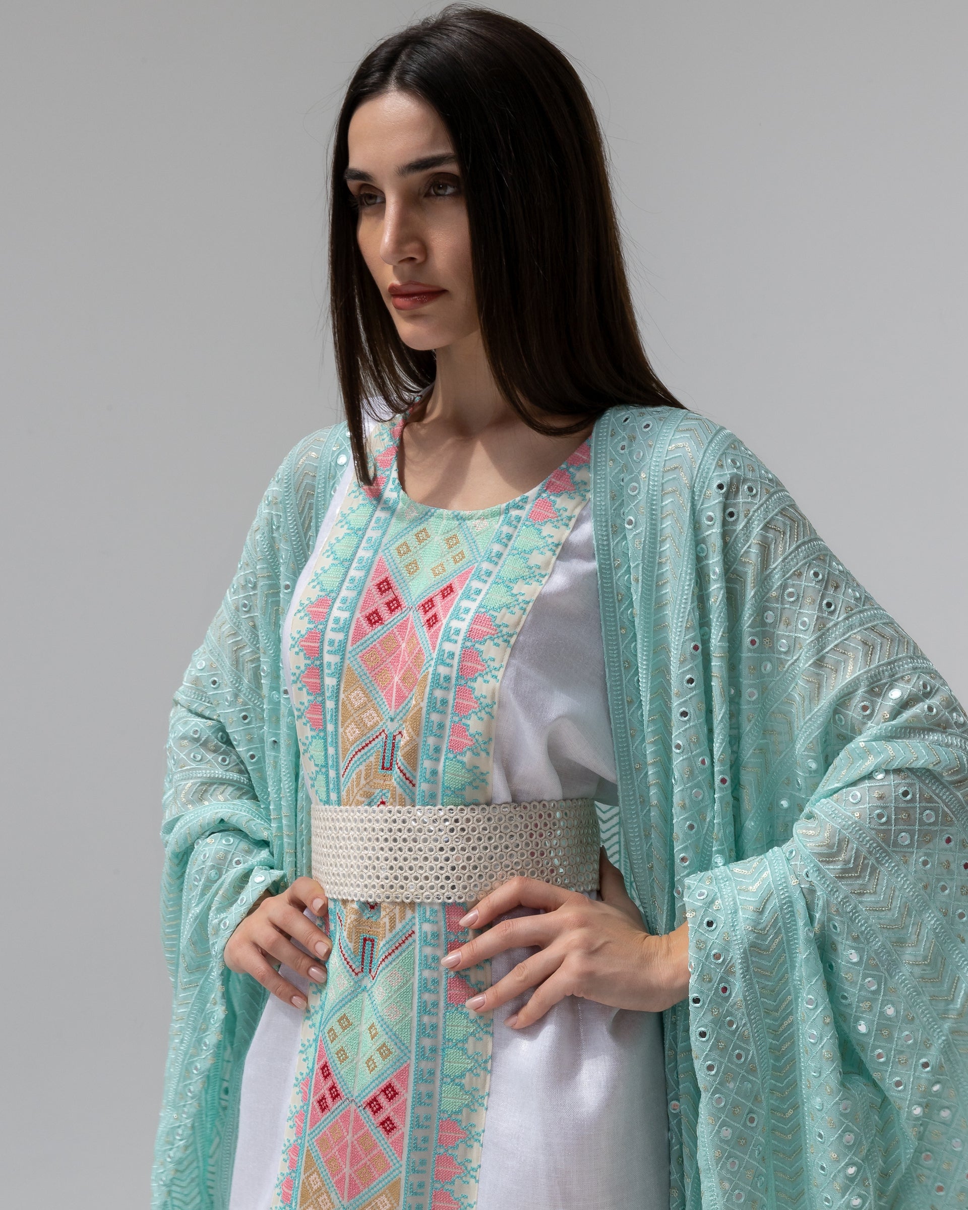 Mint Green Kaftan with Embroidered Dress