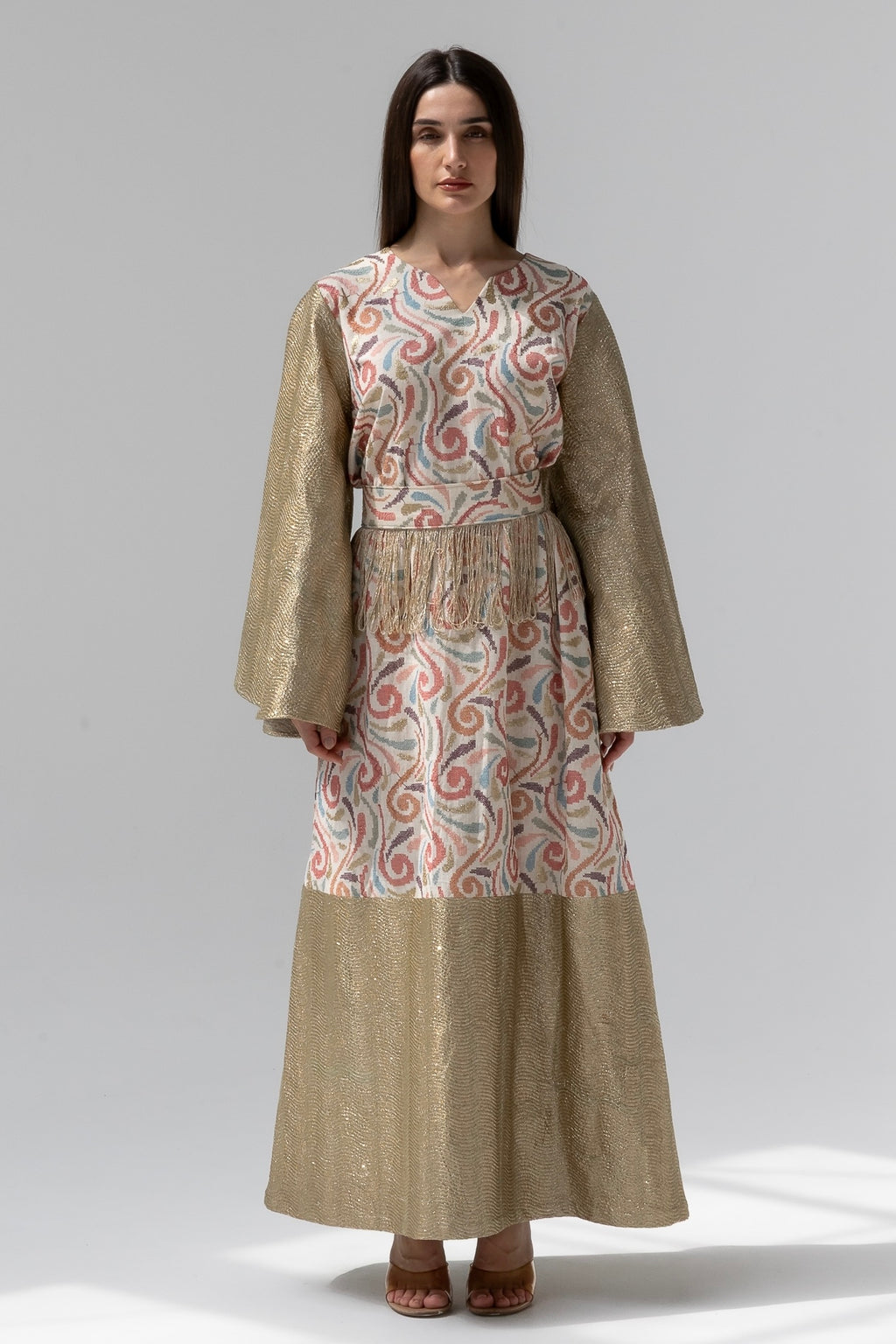 Gold Kaftan with Pastel Swirl Embroidery