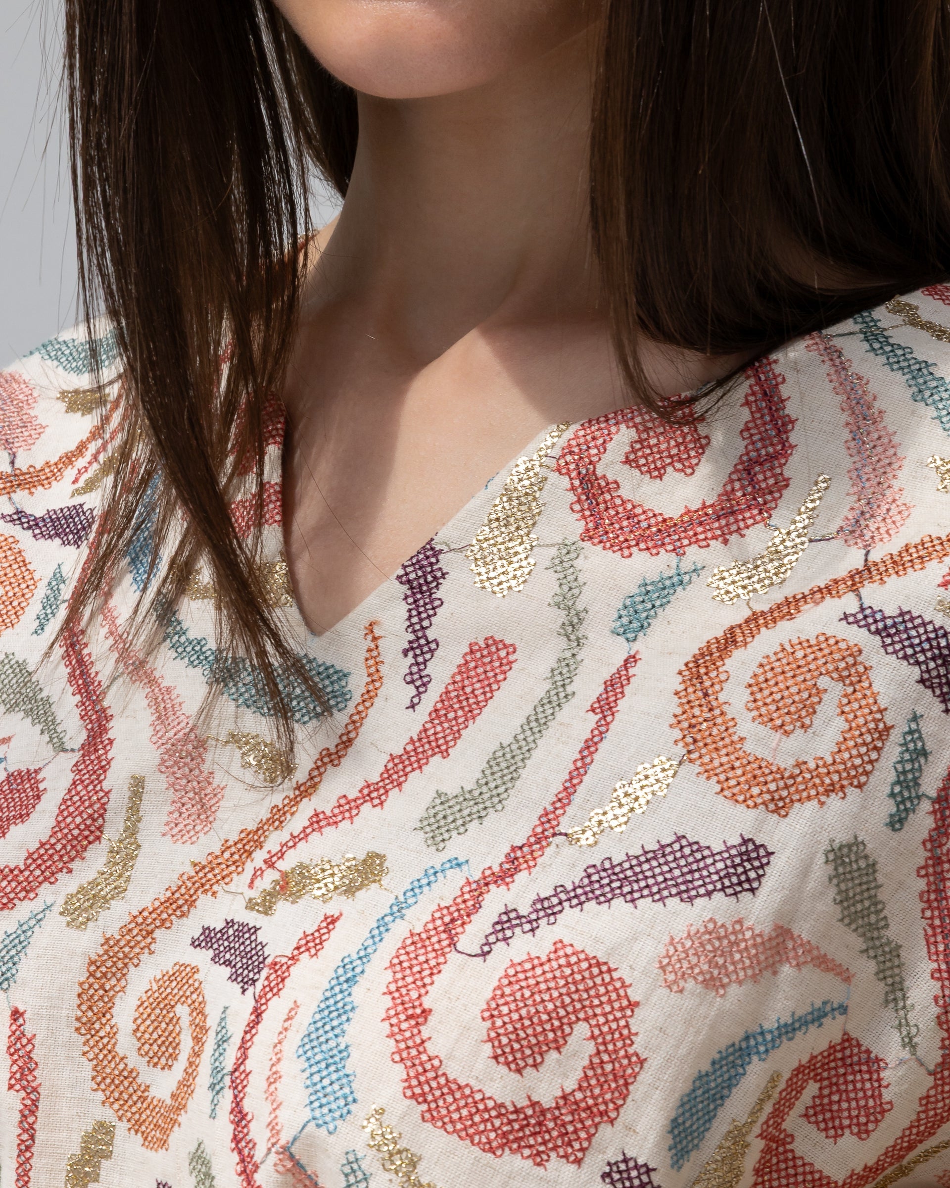 Gold Kaftan with Pastel Swirl Embroidery