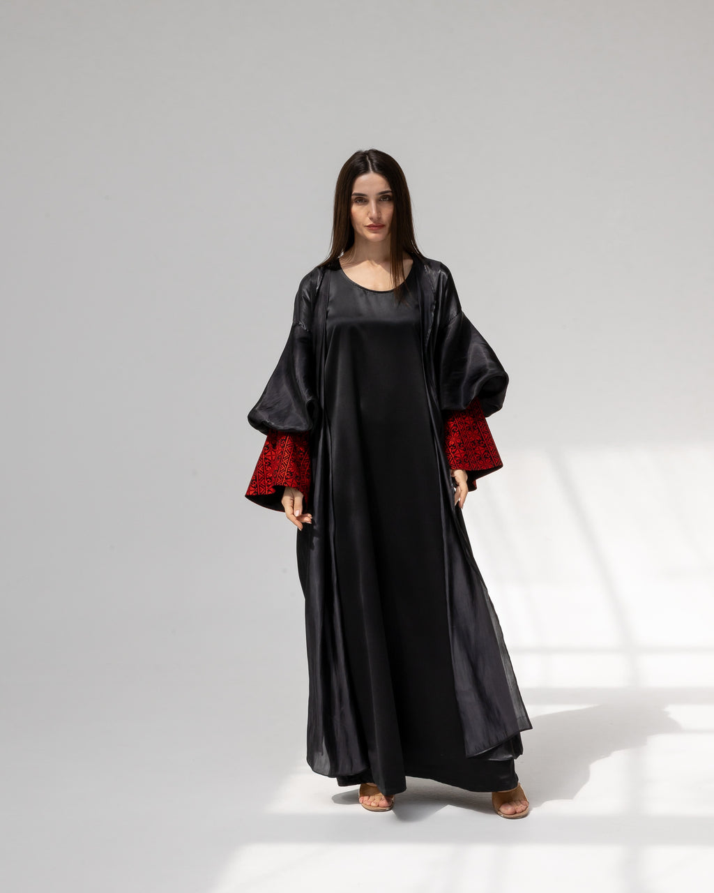 Satin Black Kaftan with Red Embroidery Details