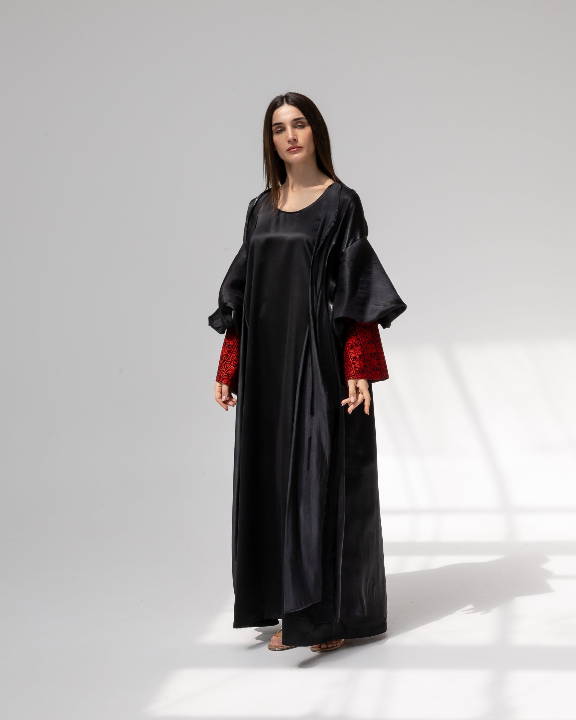 Satin Black Kaftan with Red Embroidery Details
