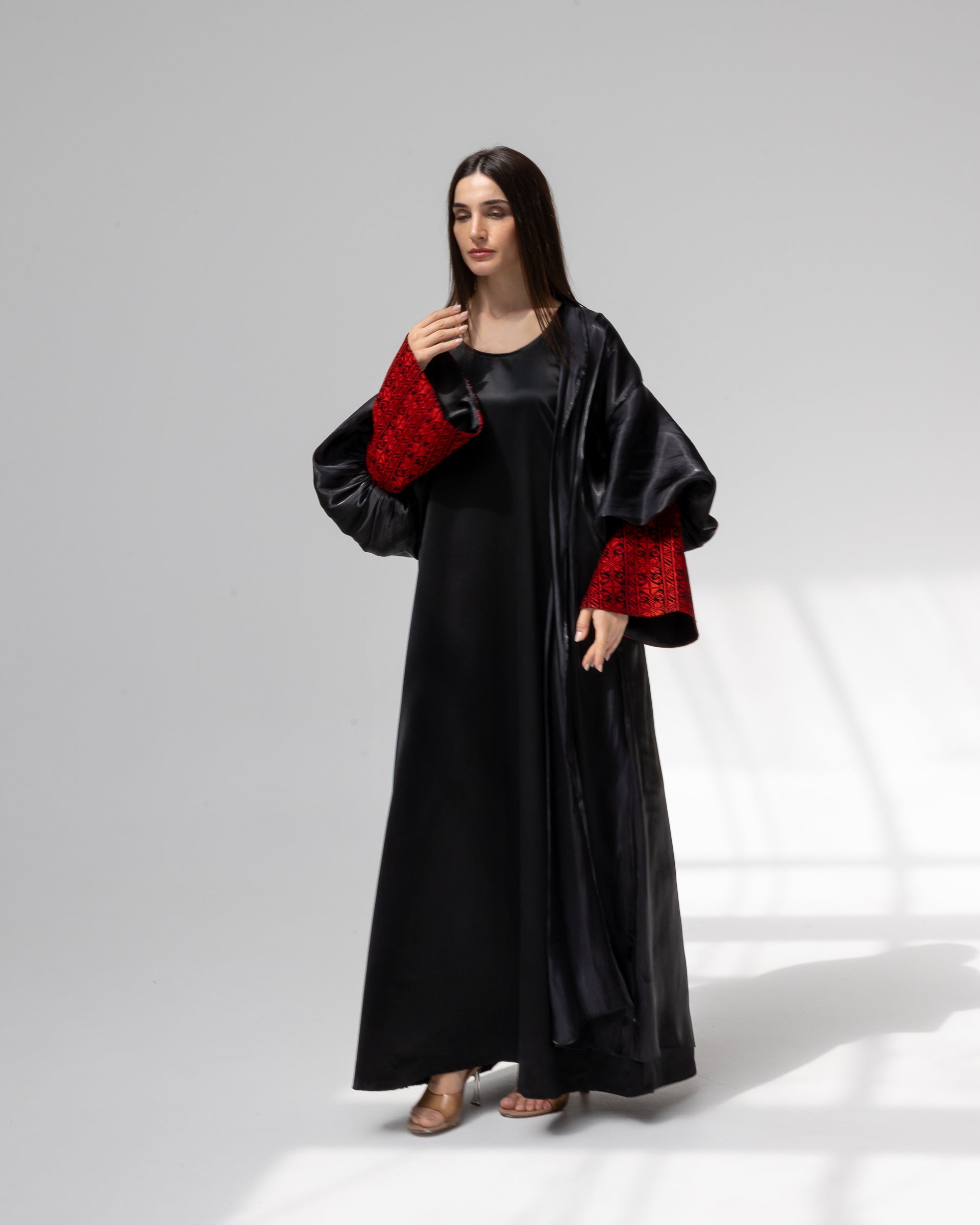 Satin Black Kaftan with Red Embroidery Details