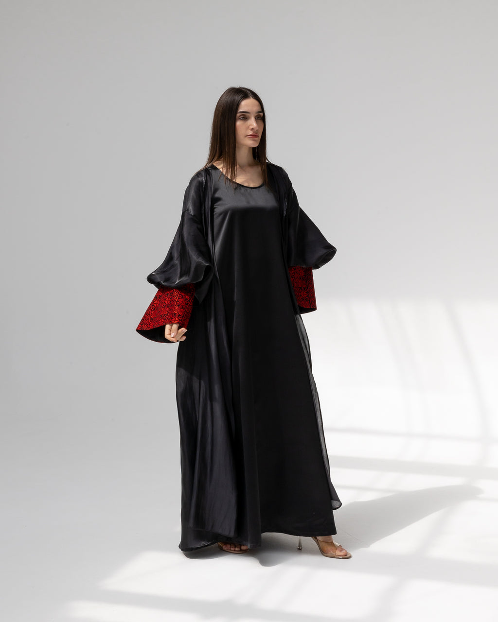 Satin Black Kaftan with Red Embroidery Details