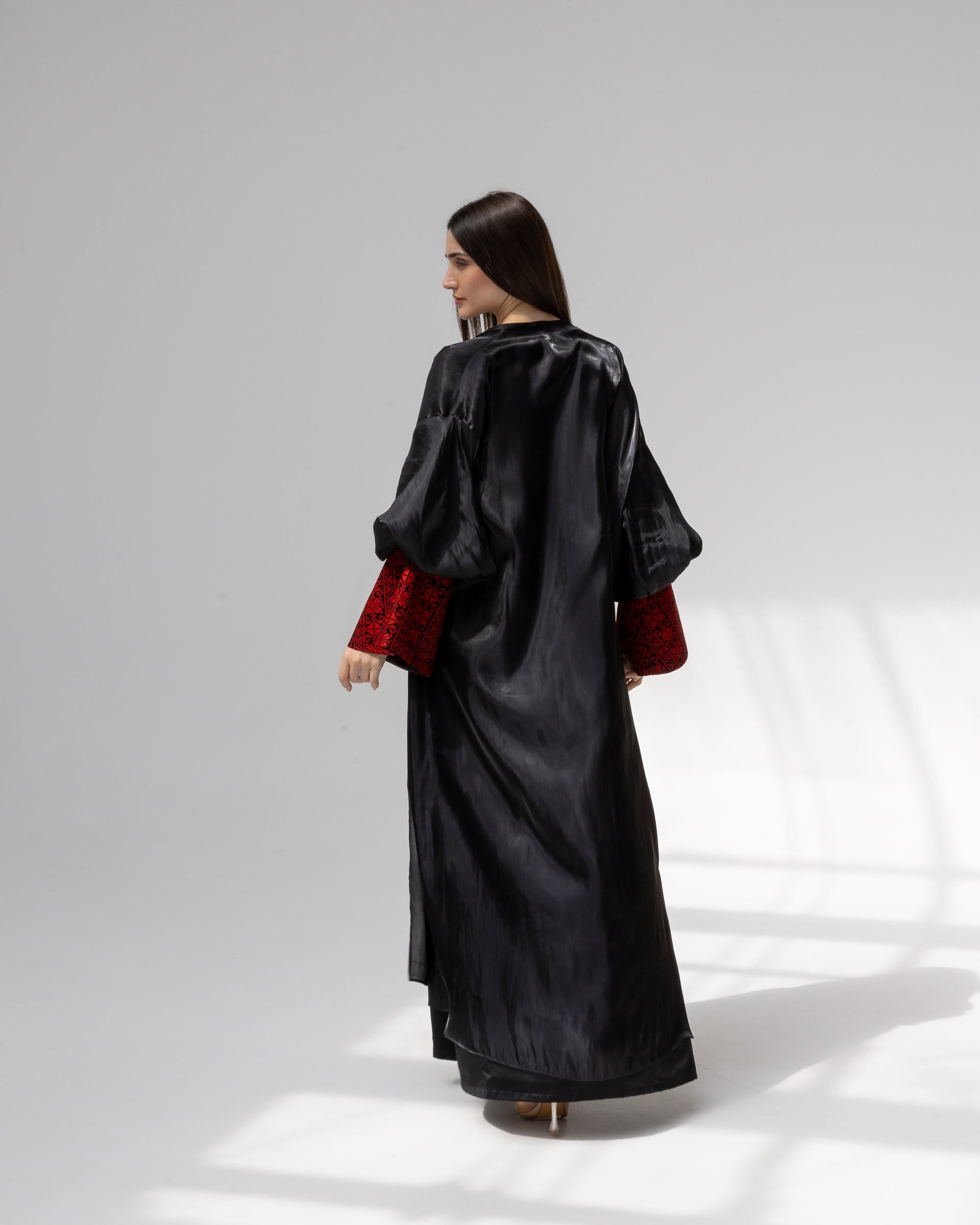 Satin Black Kaftan with Red Embroidery Details