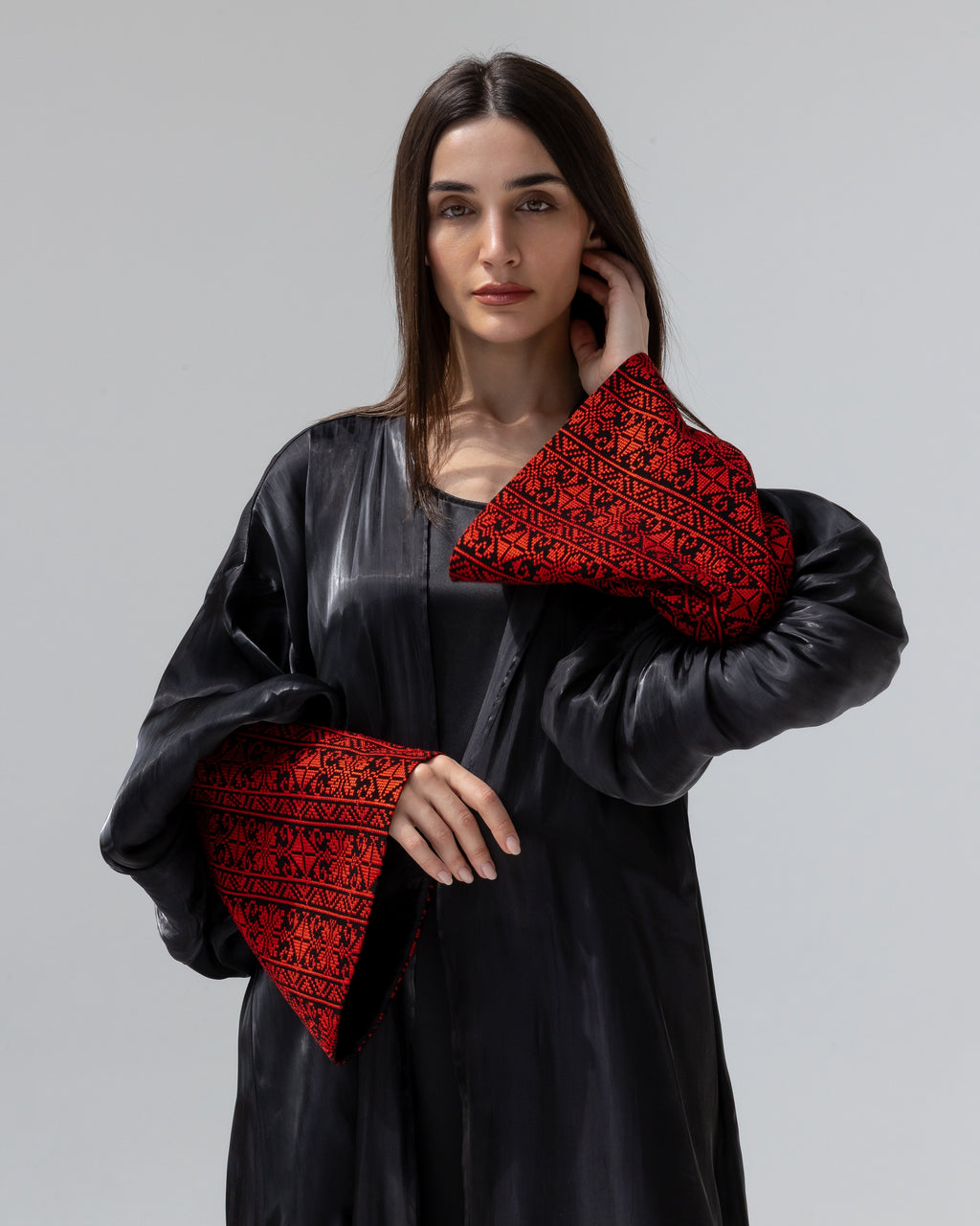 Satin Black Kaftan with Red Embroidery Details