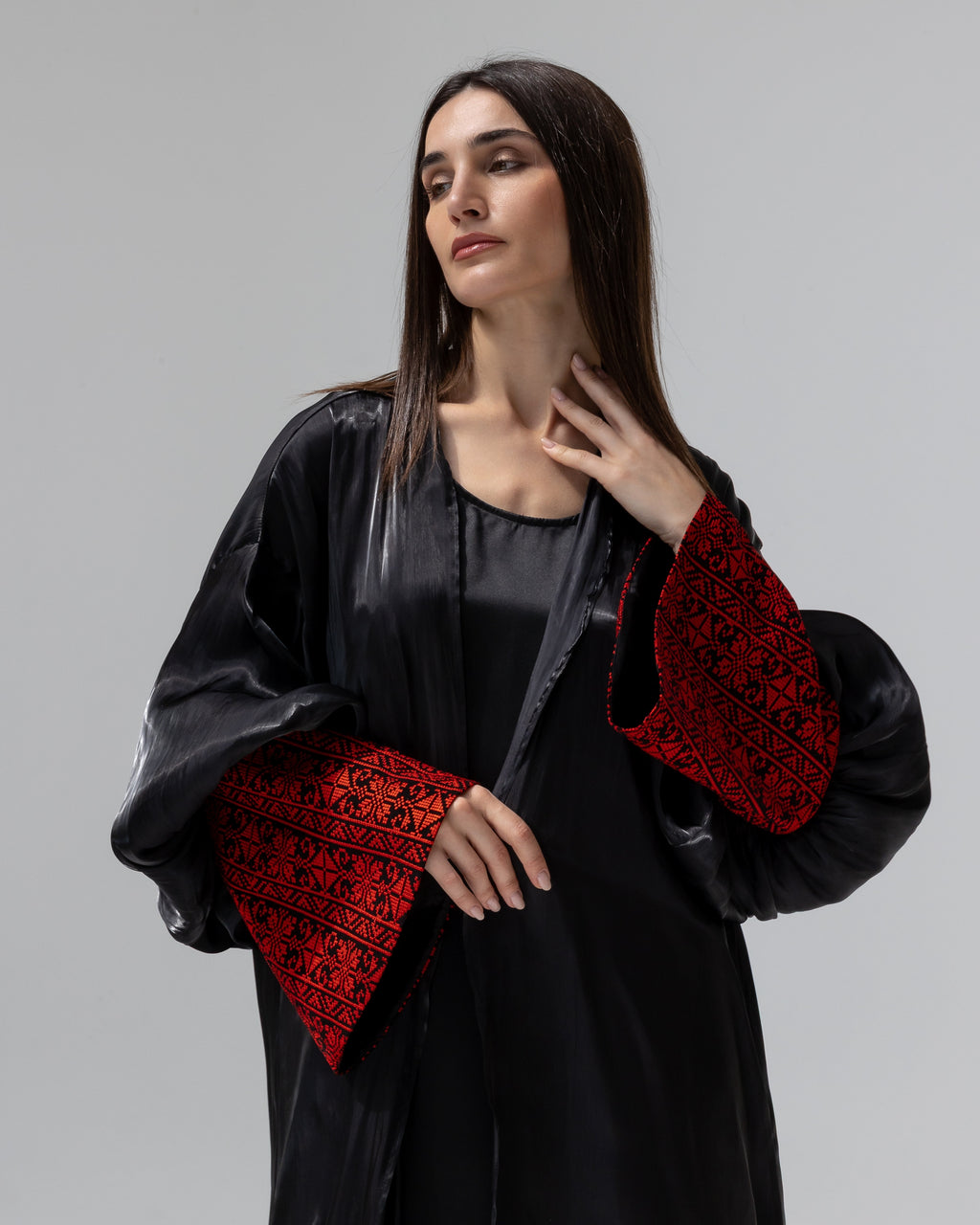 Satin Black Kaftan with Red Embroidery Details