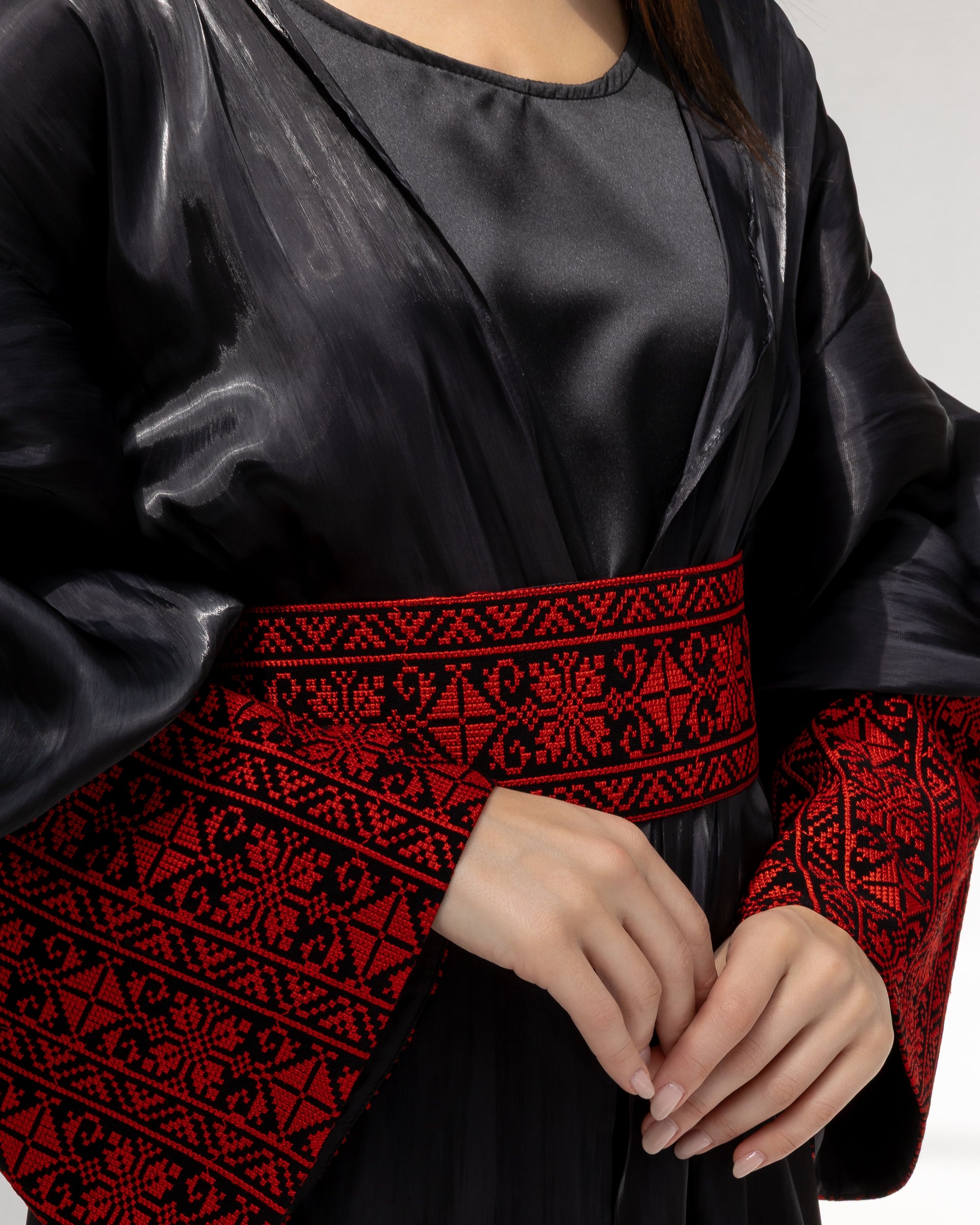 Satin Black Kaftan with Red Embroidery Details