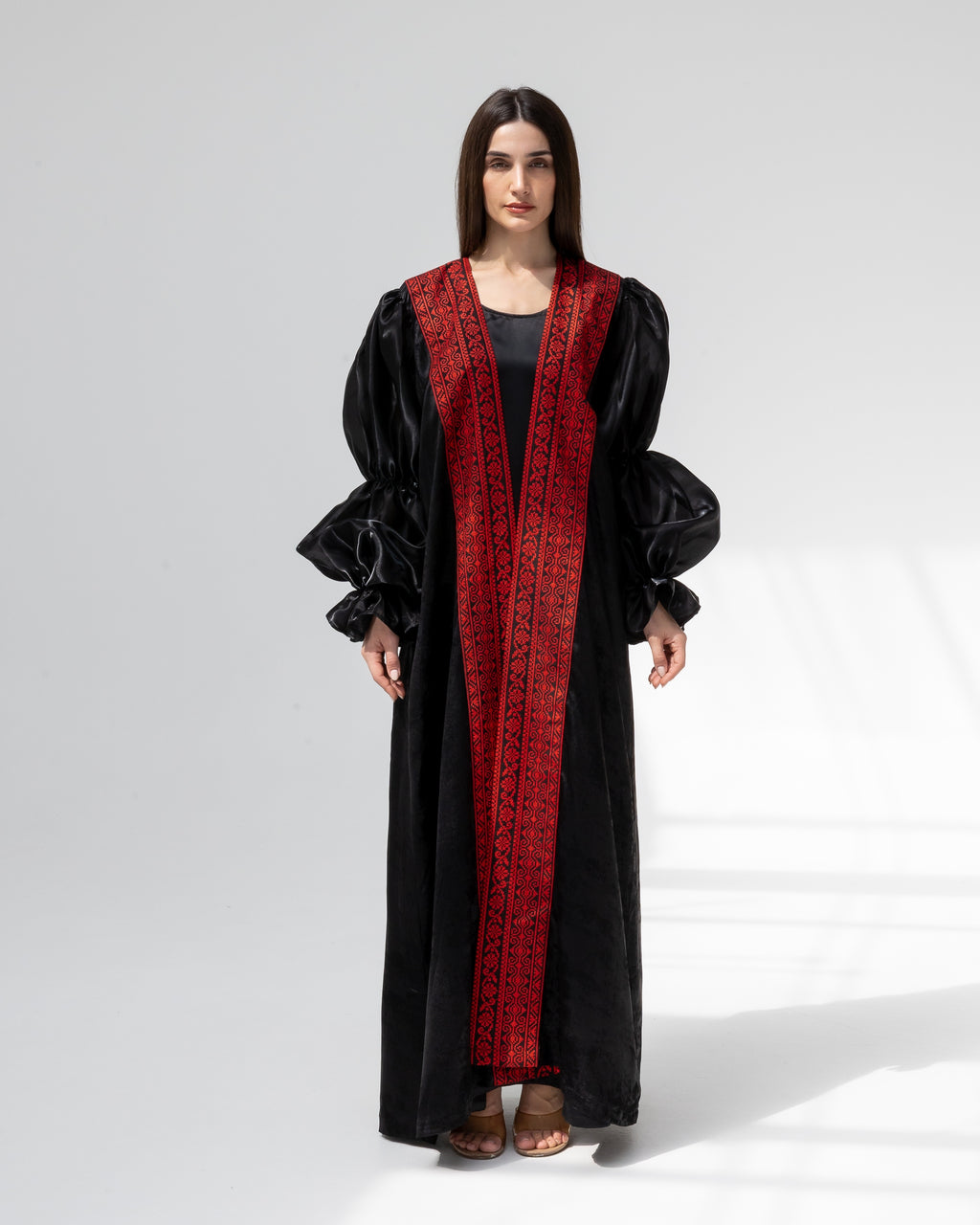 Satin Black Abaya with Red Embroidery Details