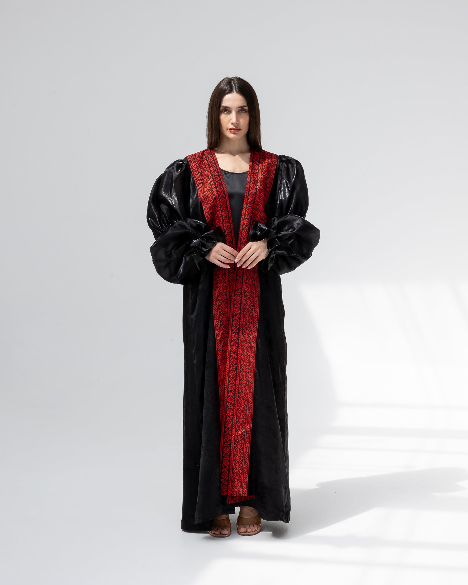 Satin Black Abaya with Red Embroidery Details