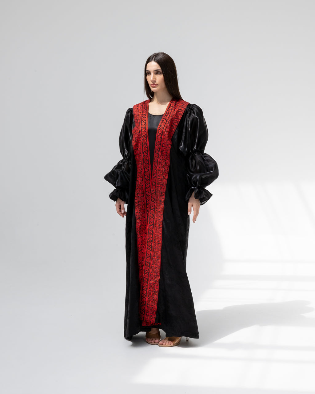 Satin Black Abaya with Red Embroidery Details